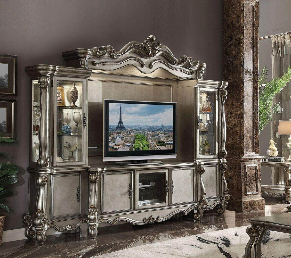 Benjara 3 Door TV Stand with Wooden Carving and Scrolled Legs, Silver