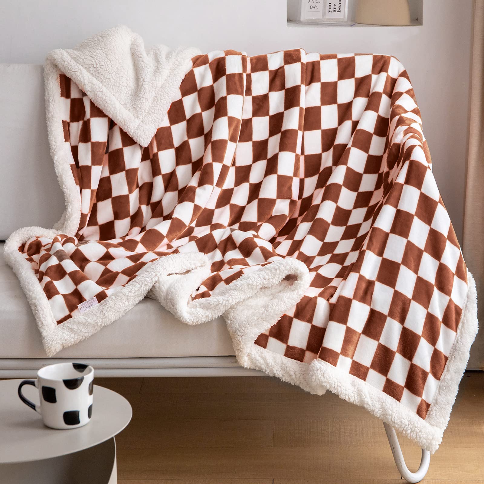 Lomao Sherpa Throw Blanket Fleece Blanket With Checkered Pattern Soft Thick Blanket For Couch, Bed, Sofa Luxurious Warm And Cozy