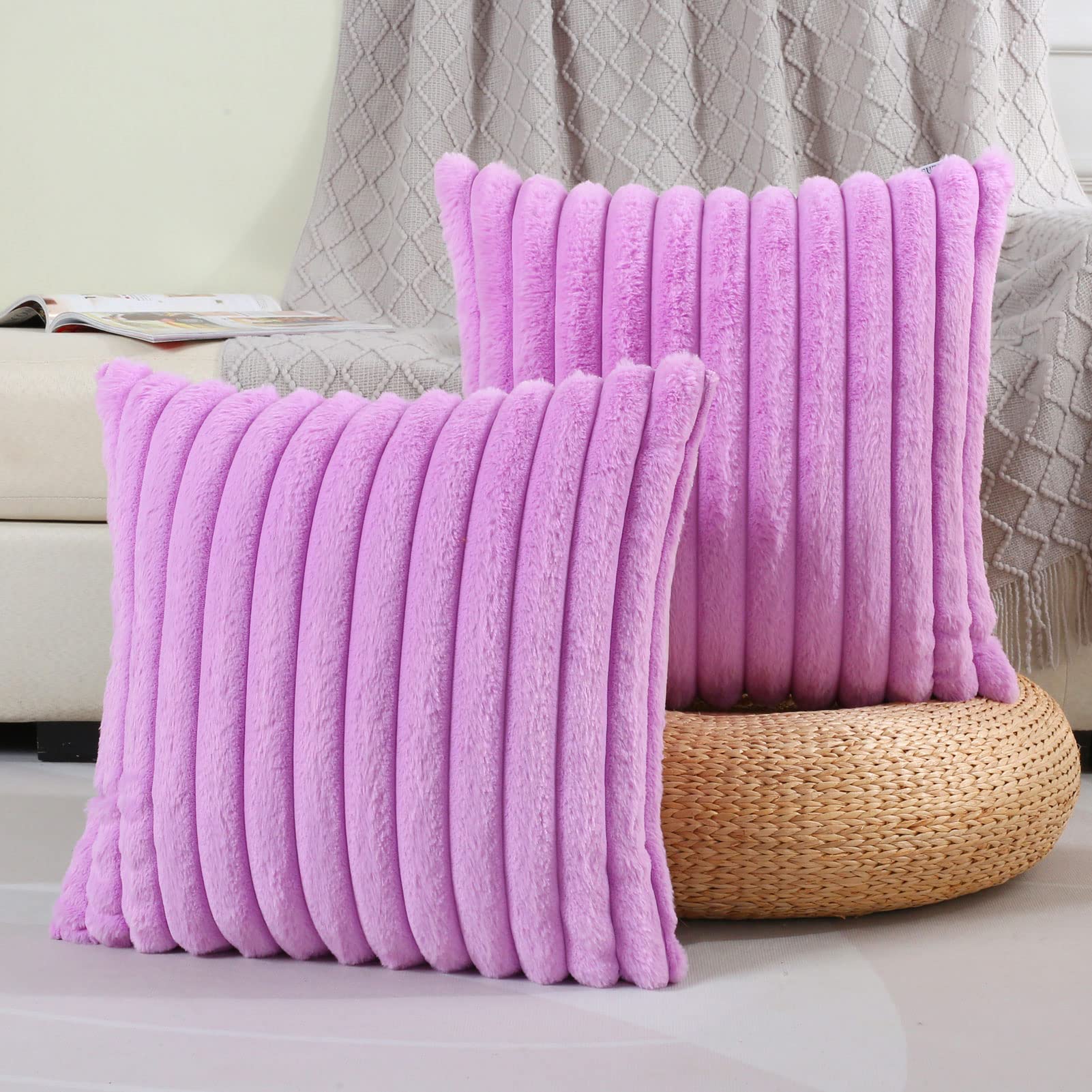 Futei Purple Striped Decorative Throw Pillow Covers 20X20 Inch Set Of 2,Square Spring Decorations Couch Pillow Case,Soft Cozy Fa