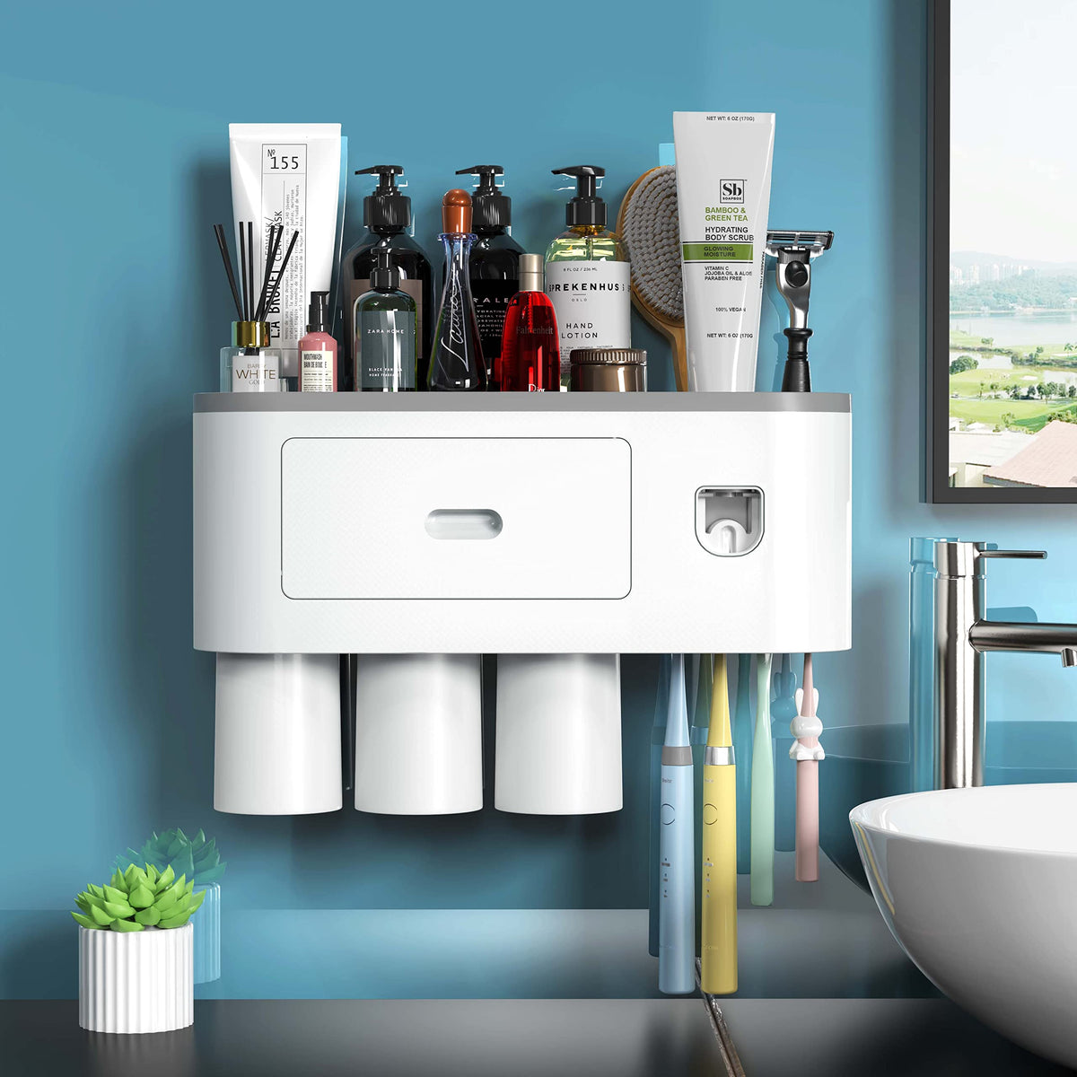 showgoca Glass Wall Mounted Toothbrush Holder for Bathroom, with Magnetic Cup and Automatic Toothpaste Dispenser Set, White