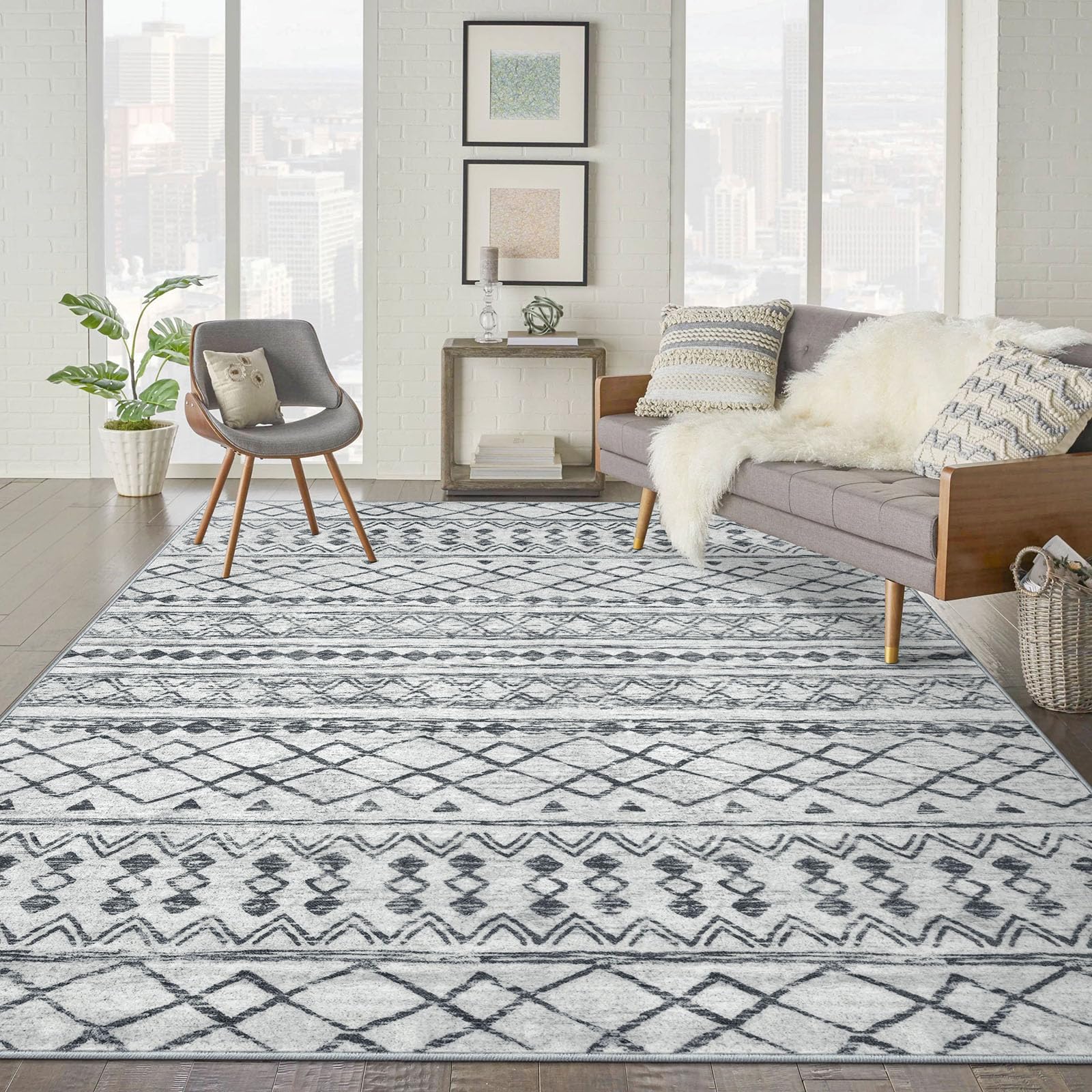 KUTA Moroccan 8x10 Rugs for Living Room Grey, Washable Rug Boho Area Rug Non-Slip, Ultra Soft Geometric Tribal Traditional Farmh