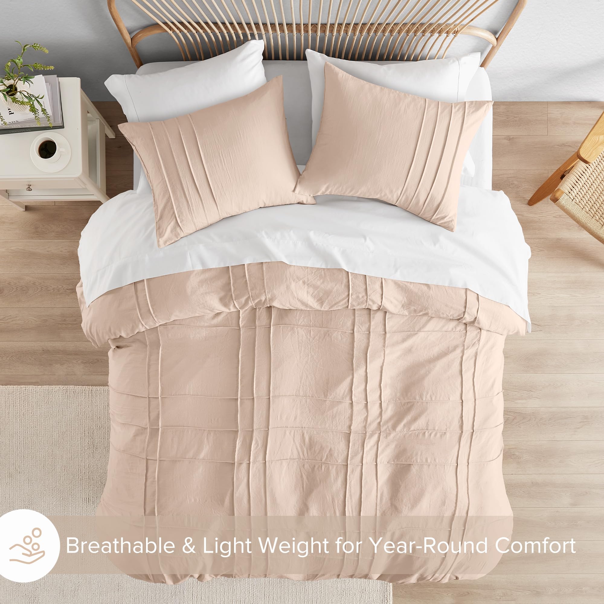 Comfort Spaces Blush Queen Size Duvet Cover Set - 3 Pieces Pintuck Pleated Duvet Cover Queen, All Season Lightweight, Extra Softness Pre-Washed Microfiber Queen Bedding Cover Shams, Full/Queen