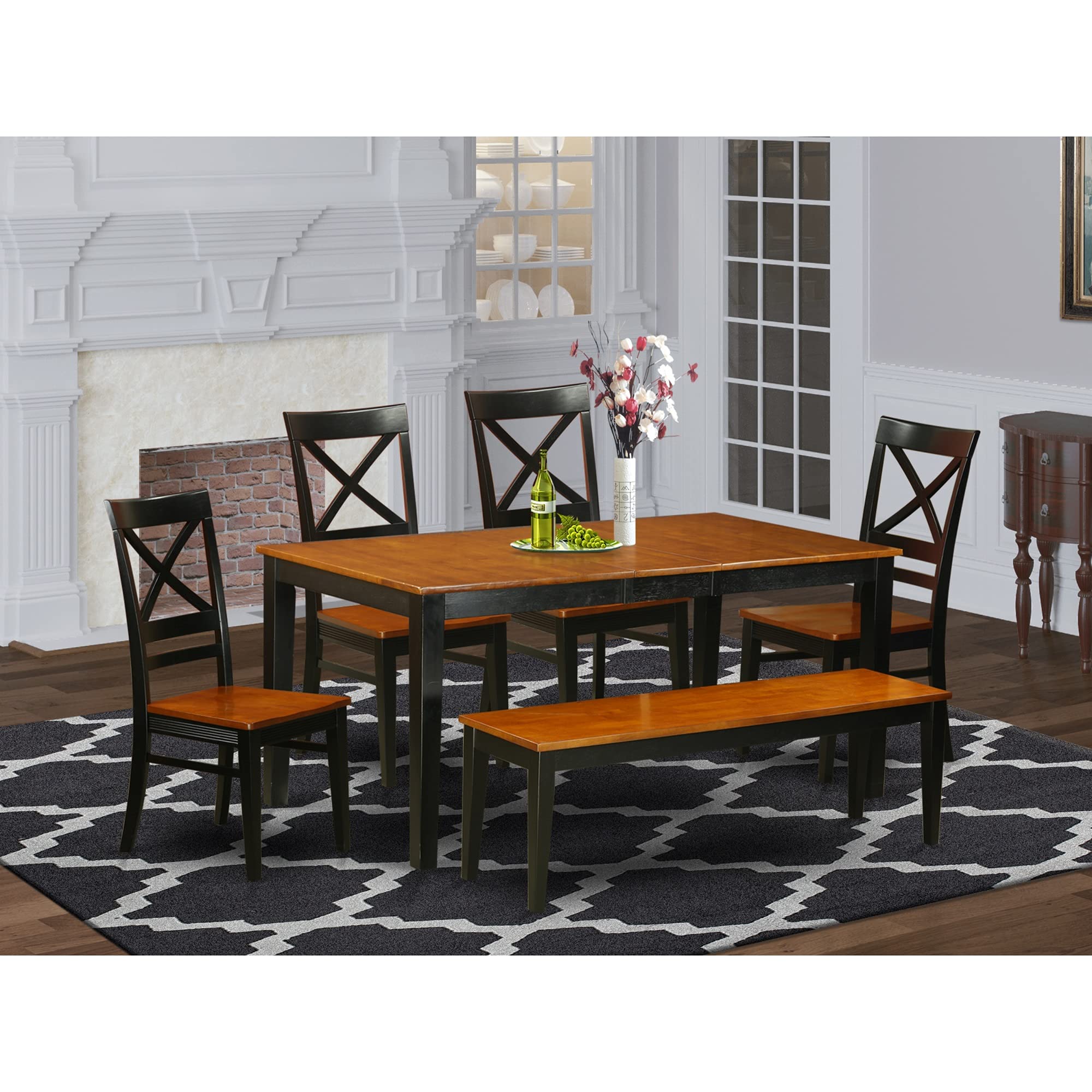 East West Furniture NIQU6-BCH-W 6 Piece Dining Room Table Set Contains a Rectangle Kitchen Table with Butterfly Leaf and 4 Dining Chairs with a Bench, 36x66 Inch, Black & Cherry