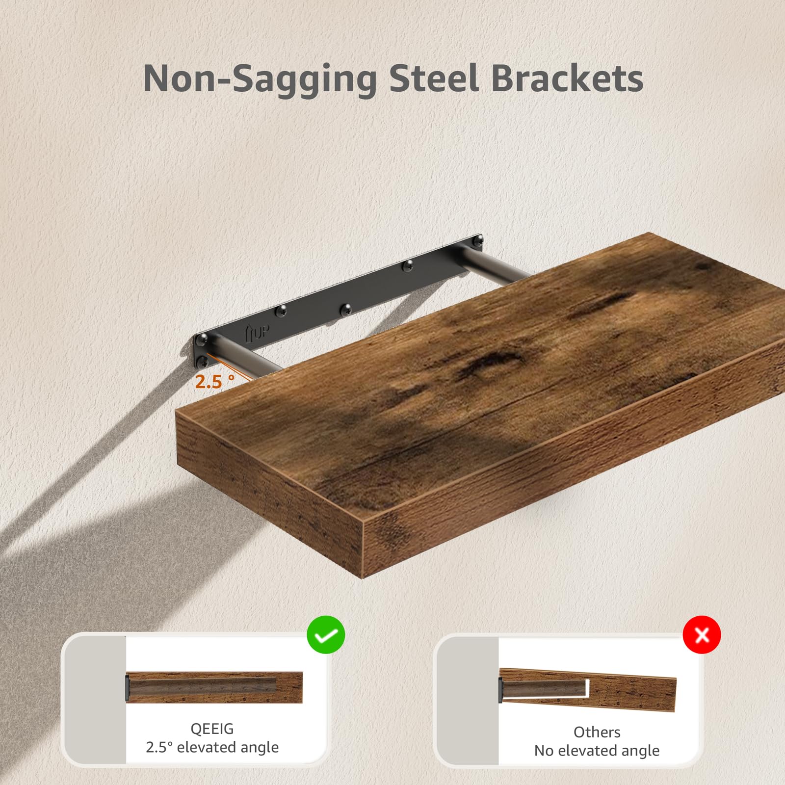 Qeeig Bathroom Floating Shelves For Wall - Shelf Over Toilet Small Wall Mounted Farmhouse Decor 16 Inch Set Of 2, Rustic Brown (