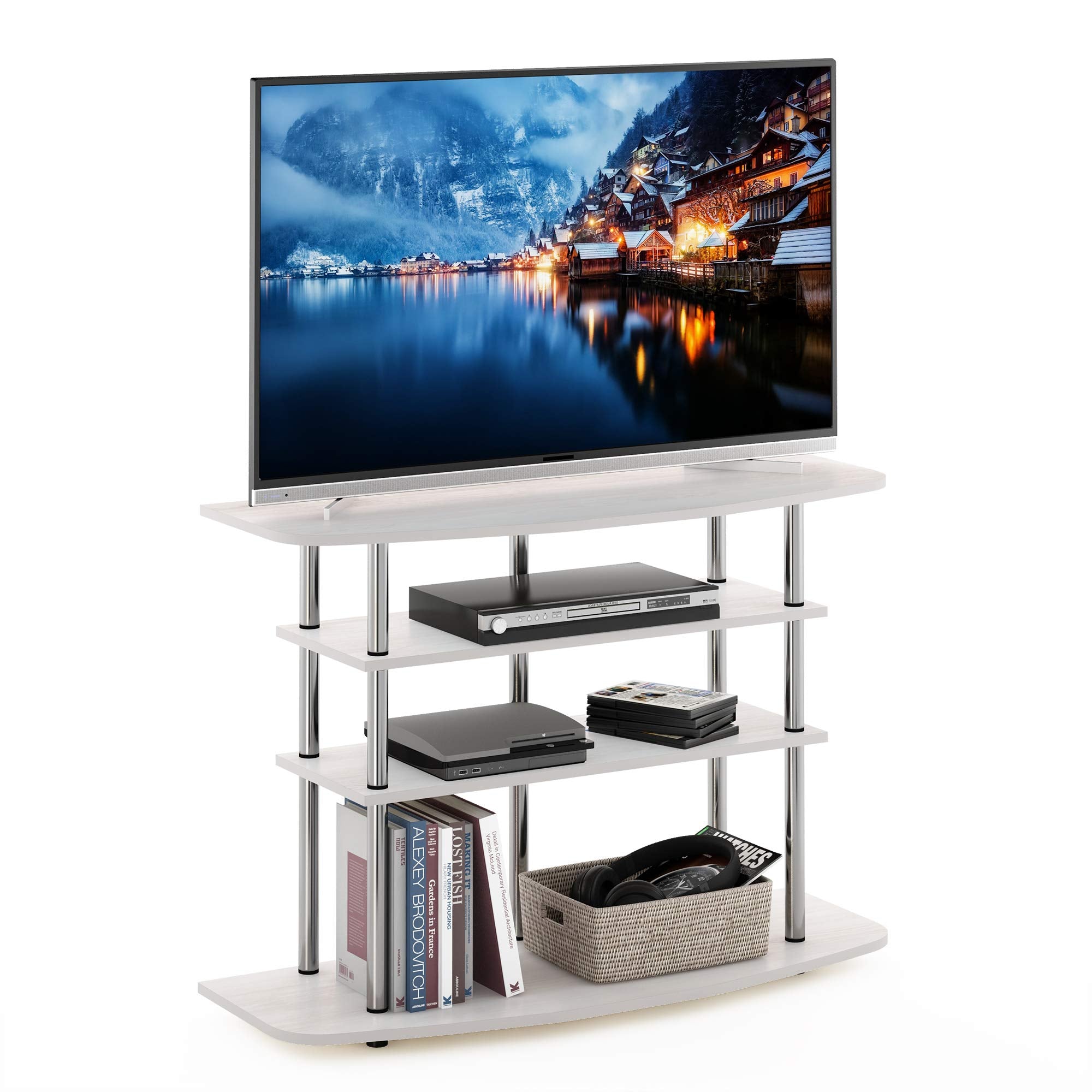 Furinno Frans Turn-N-Tube Tv Stand For Tv Size Up To 43 Inch, 4-Tier, White Oak