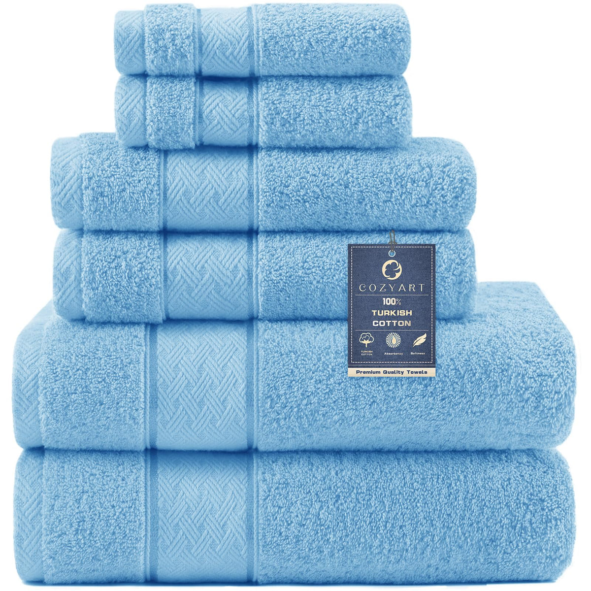 COZYART Bath Towel Set 6 PCS, Sky Blue 100% Turkish Cotton 650GSM Soft