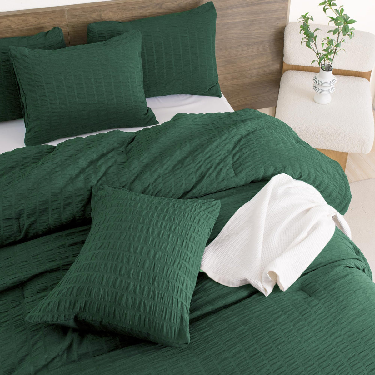 Andency Dark Green Comforter Set Queen (90X90 Inch), 3 Pieces Emerald Seersucker Comforter Set, Forest Hunter Green Microfiber S