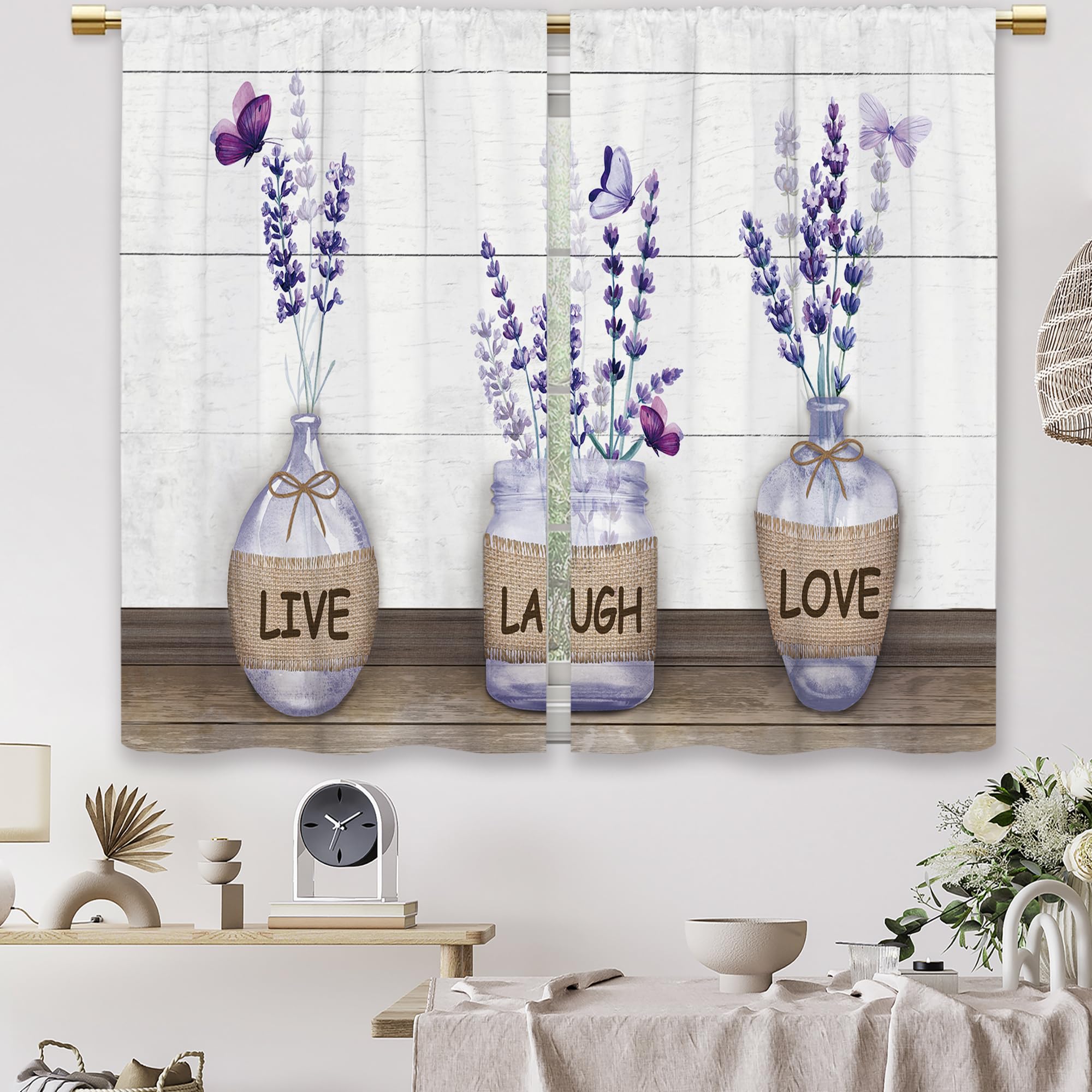 Laifzere Farmhouse Purple Lavender Kitchen Curtains Bottle Rustic Country Flower Small Short Cafe Window Curtains Floral Plank R