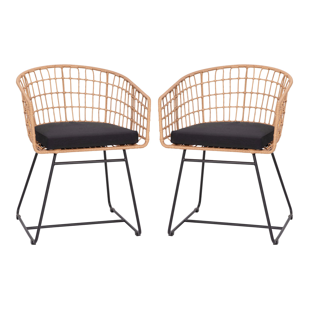 Flash Furniture Devon Set of 2 Patio Boho Club Chairs - Rope with Natural Finish PE Wicker Rattan - Black Seat Cushions and Sled Base - Indoor/Outdoor Use