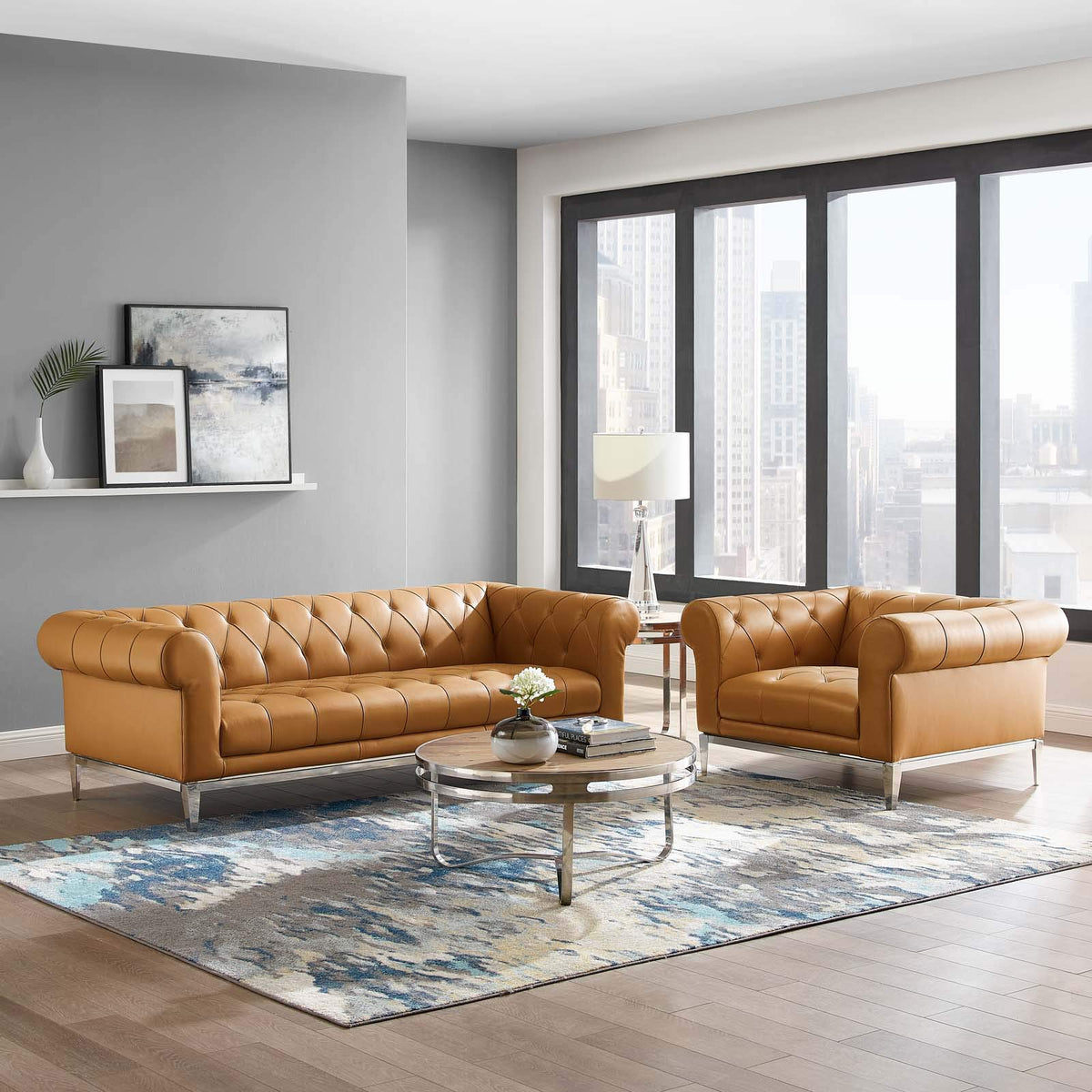 Modway Idyll Tufted Button Upholstered Leather Chesterfield Set, Sofa And Armchair, Tan