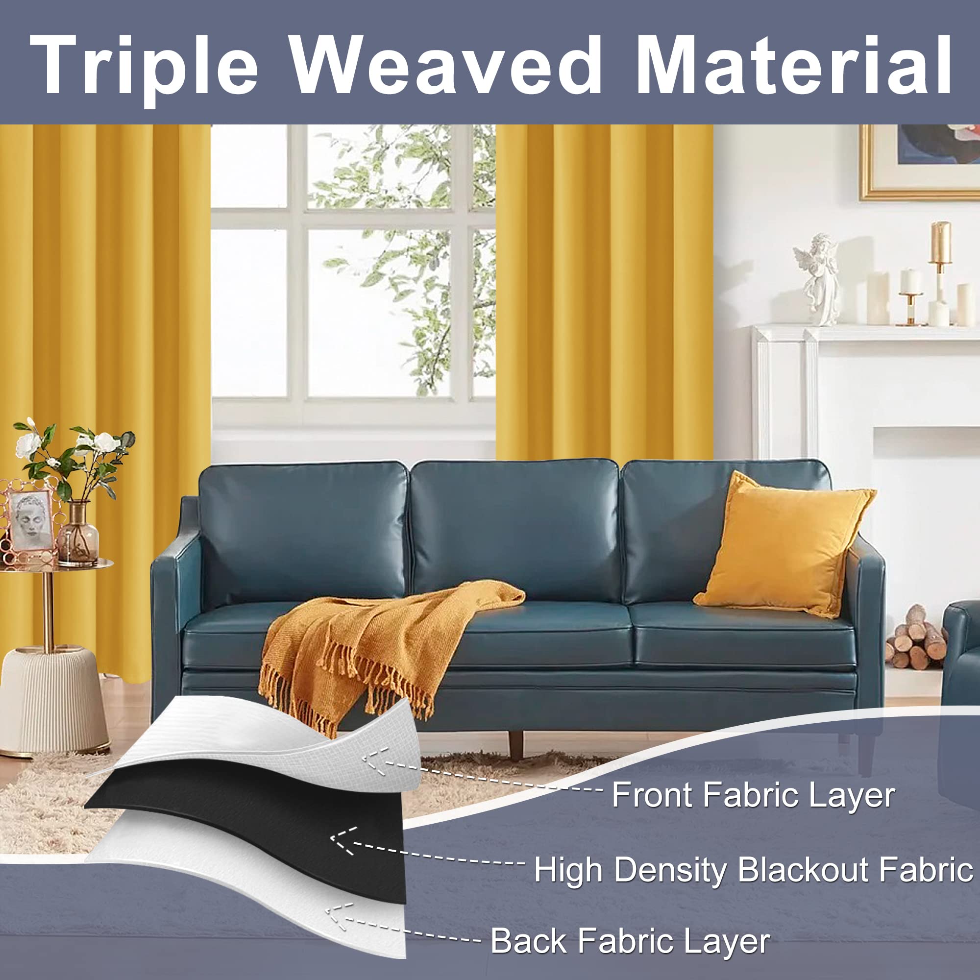 Jiuzhen Blackout Curtains For Bedroom - Thermal Insulated Room Darkening Rod Pocket Curtains For Living Room, Set Of 2 Panels With Tiebacks, 38 X 63 Inch Length, Mustard Yellow