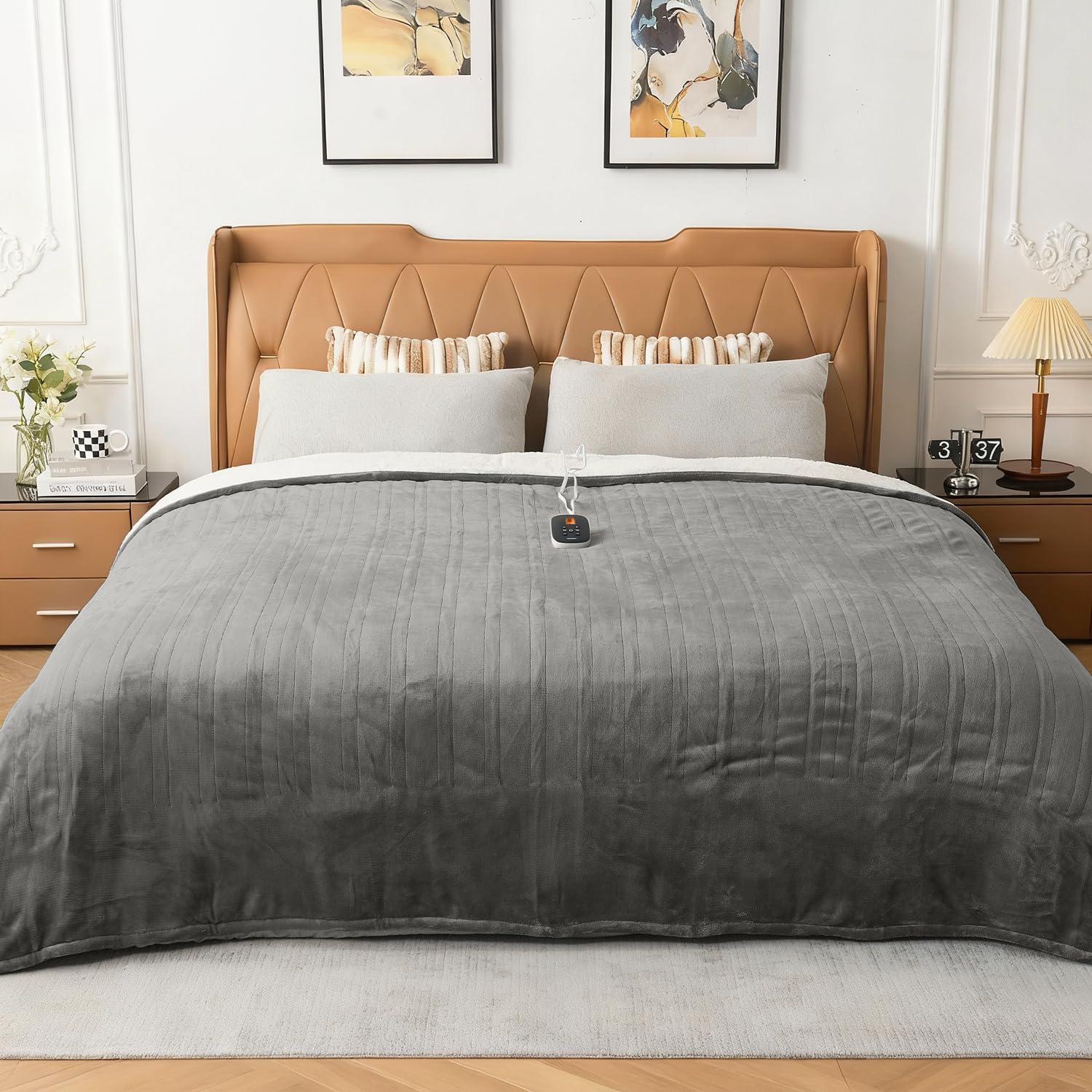 Woomer [5-Year Warranty] Electric Blanket Twin Size,Durable Flannel And Soft Sherpa,Dual Control,62     84    Heated Throw Blank