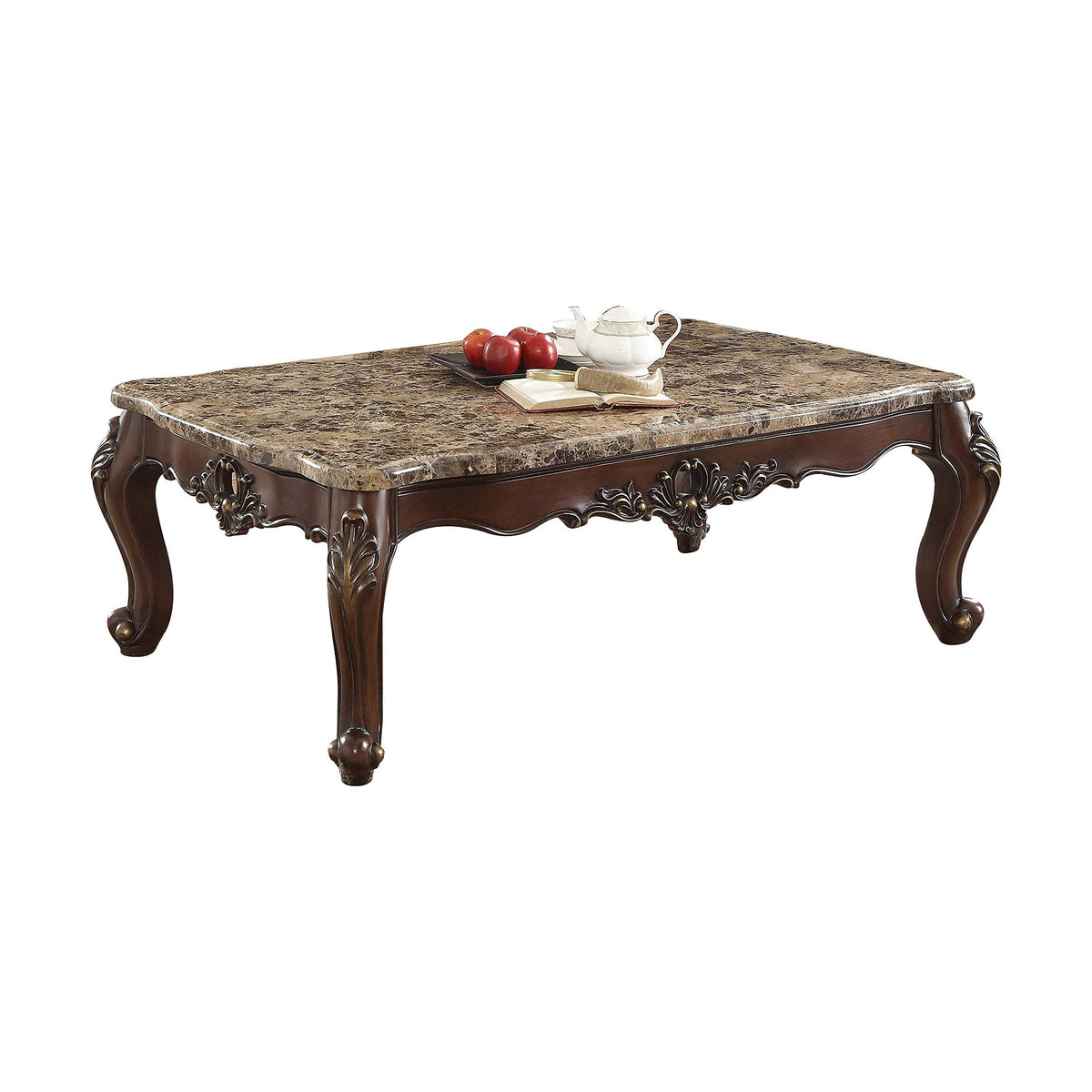 HomeRoots Wood, Marble Engineered Wood 21' X 34' X 58' Wood, Marble, and Engineered Wood Coffee Table, Marble & Dark Walnut