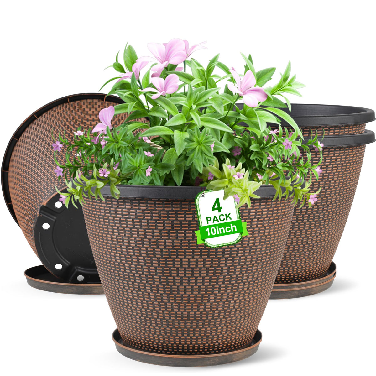 4 Pack 10 Inch Plant Pot For Outdoor Indoor, Plastic Flower Pots With Drainage Holes & Saucers, Lightweight Large Outdoor Plante