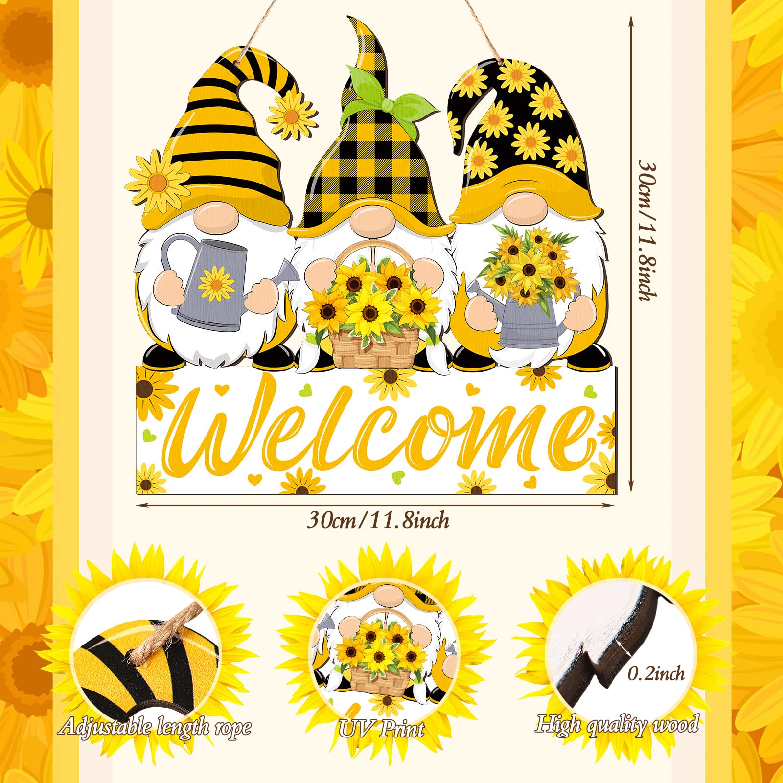 Panelee Sunflower Gnomes Welcome Sign Summer Welcome Hanging Sign Decorations Wreath Sign Wooden Hanging Door Sign With Ropes Fo