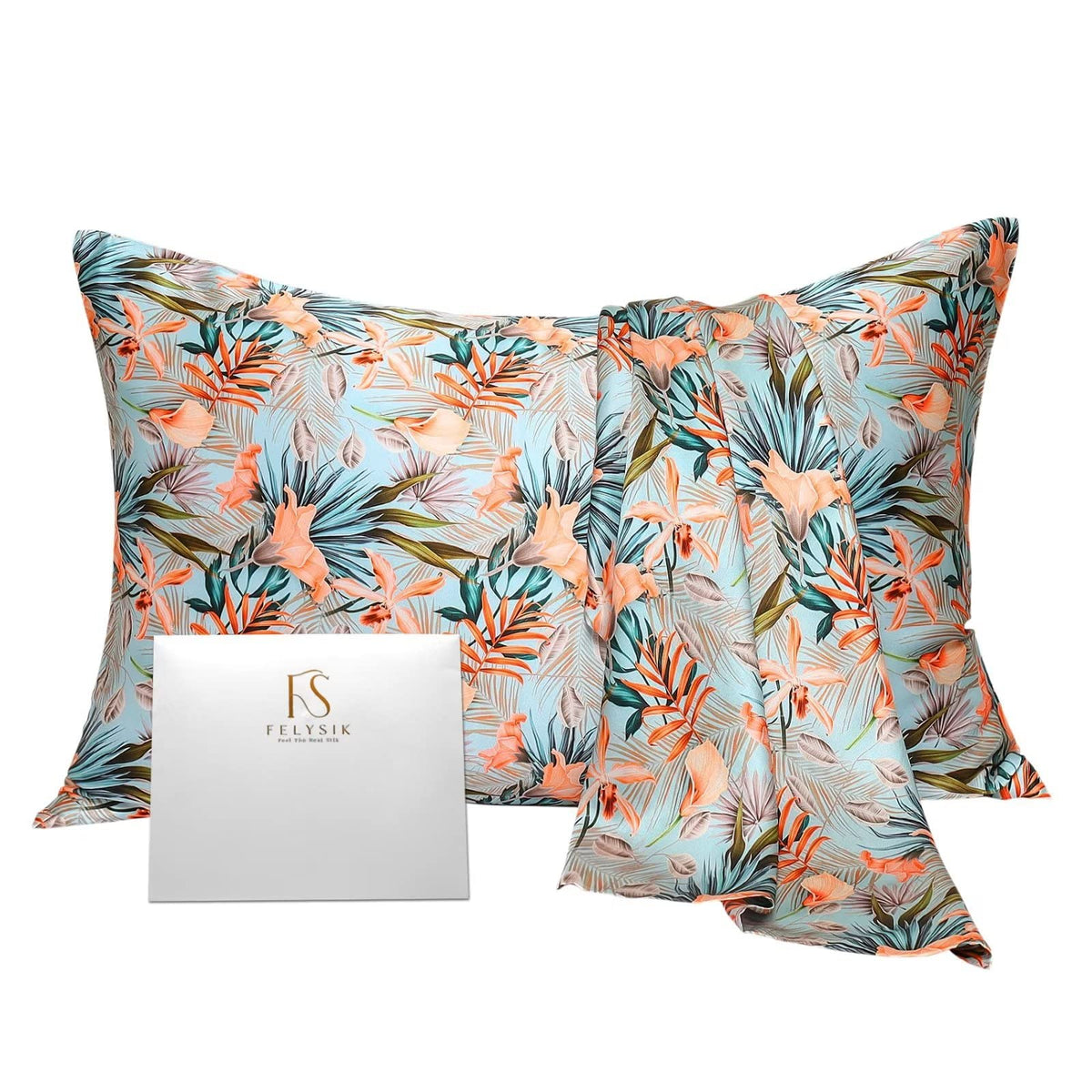 Felysik Leaf Floral Silk Pillowcase For Hair And Skin Standard 20'X26', 22 Momme Mulberry Silk Green Plant Lily Flowers Print
