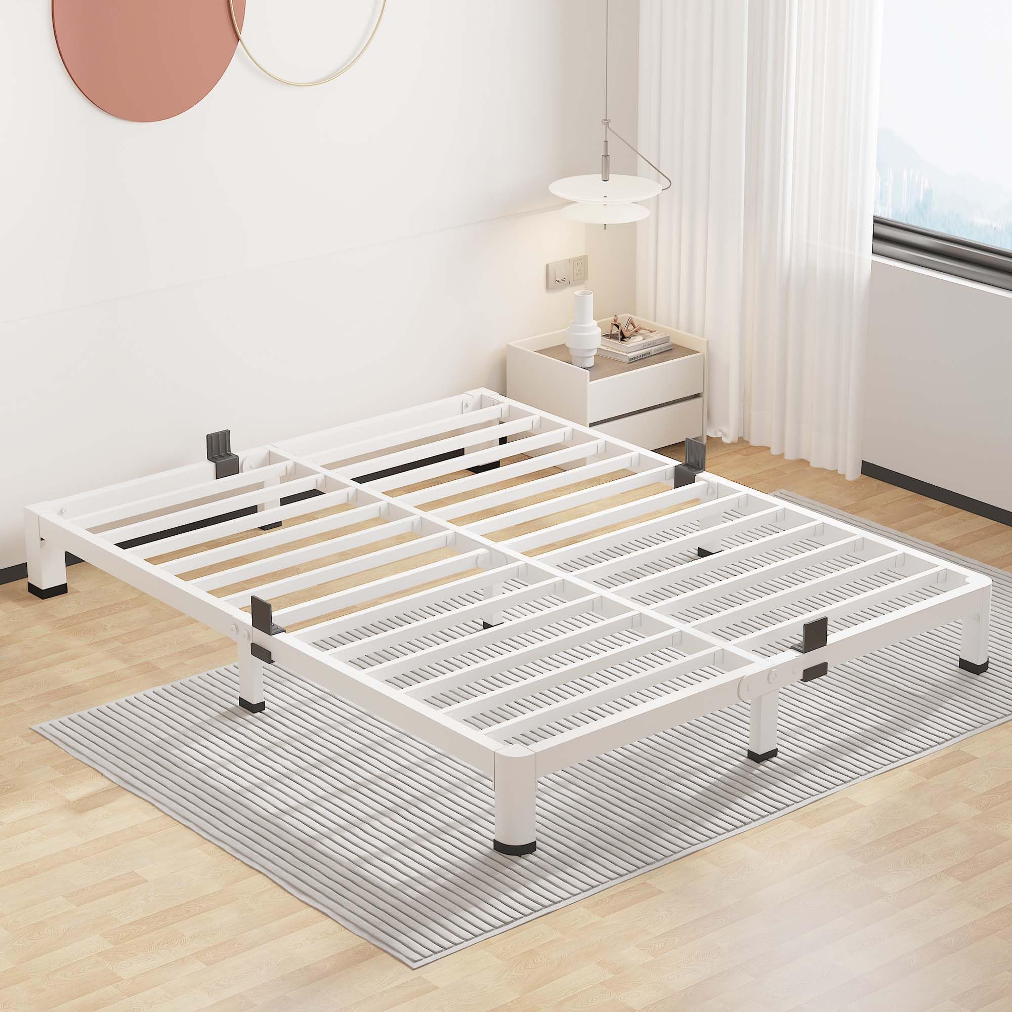 ROIL 4 Inch White Queen Bed Frame with Rounded Corner and Mattress Retainers, 3500LBS Heavy Duty Steel Slats No Box Spring Neede