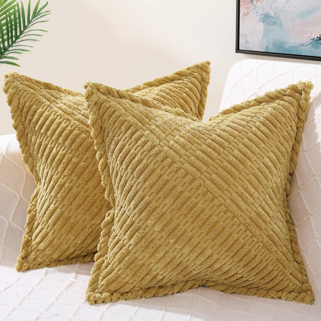decorUhome Decorative Mustard Yellow Throw Pillow Covers 18x18 Set of 2 with Splicing, Boho Soft Corduroy Broadside Twill Pillow