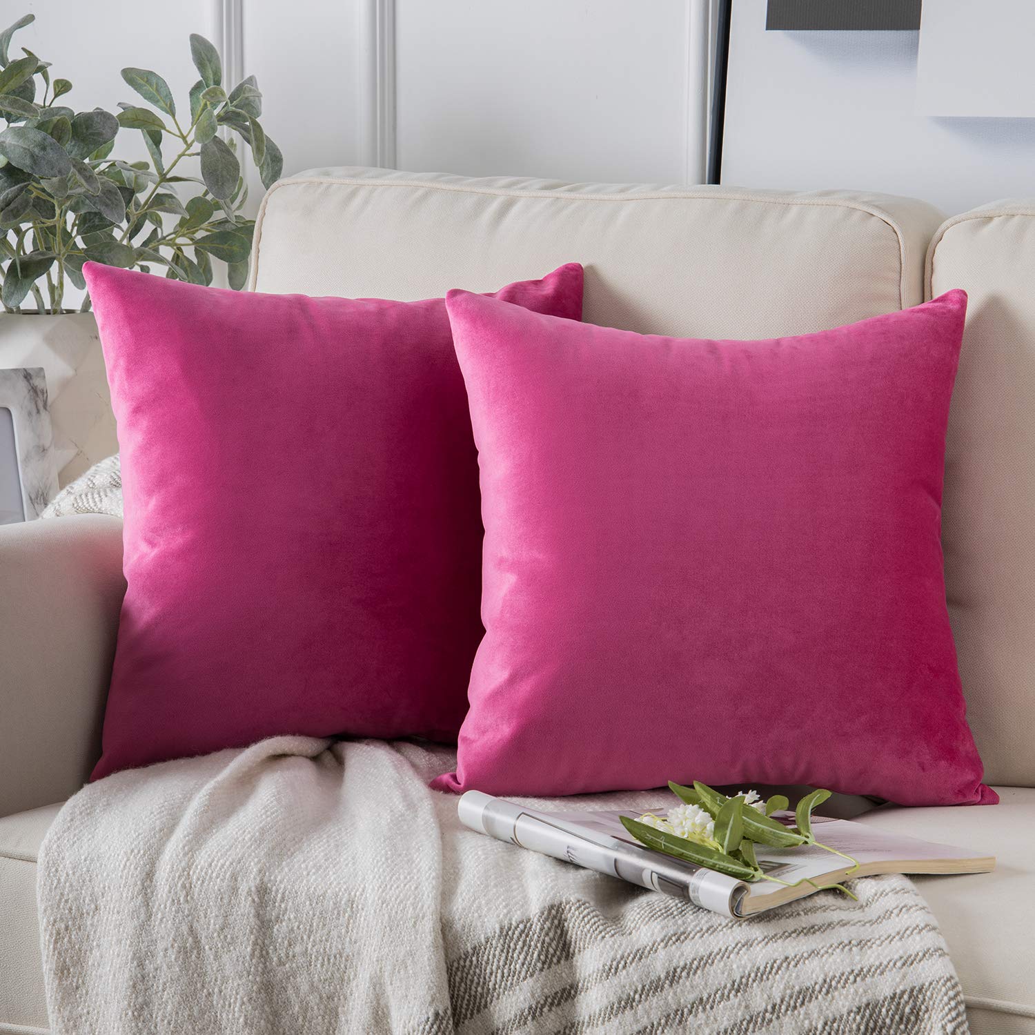 Phantoscope Pack Of 2 Velvet Decorative Throw Decorative Pillow Cover Soft Solid Square Cushion Case For Couch Pink 20 X 20 Inch
