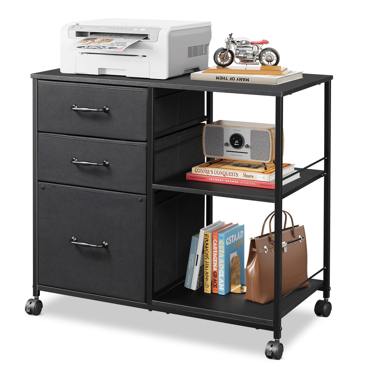 Devaise 3 Drawer Mobile File Cabinet, Rolling Printer Stand With Open Storage Shelf, Fabric Lateral Filing Cabinet Fits A4 Or Letter Size For Home Office, Black