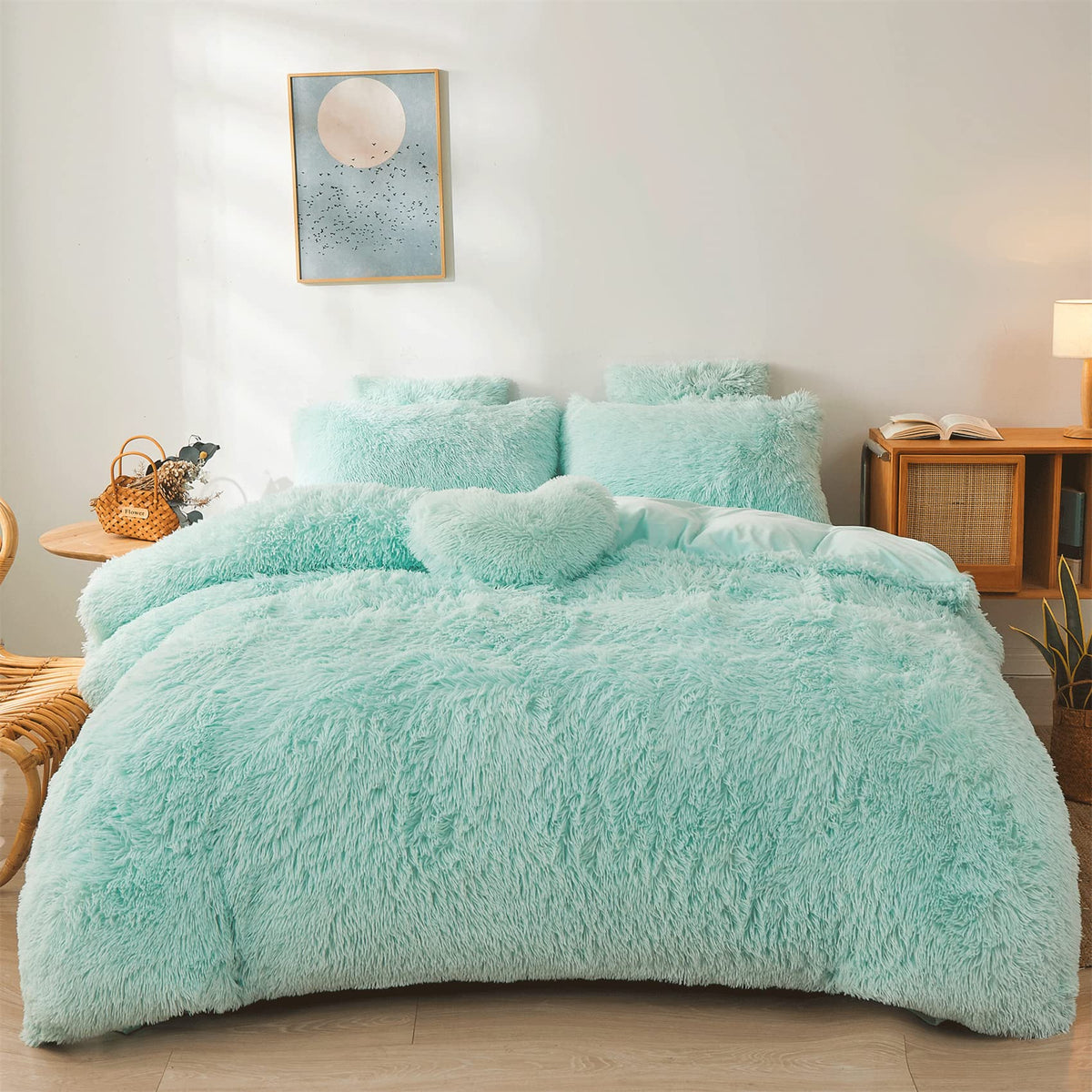 Foppa Green Comforter Cover Set - Ultra Soft Plush Bedding Sets 3 Pieces (1 Faux Fur Duvet Cover + 2 Faux Fur Pillow Case) Green
