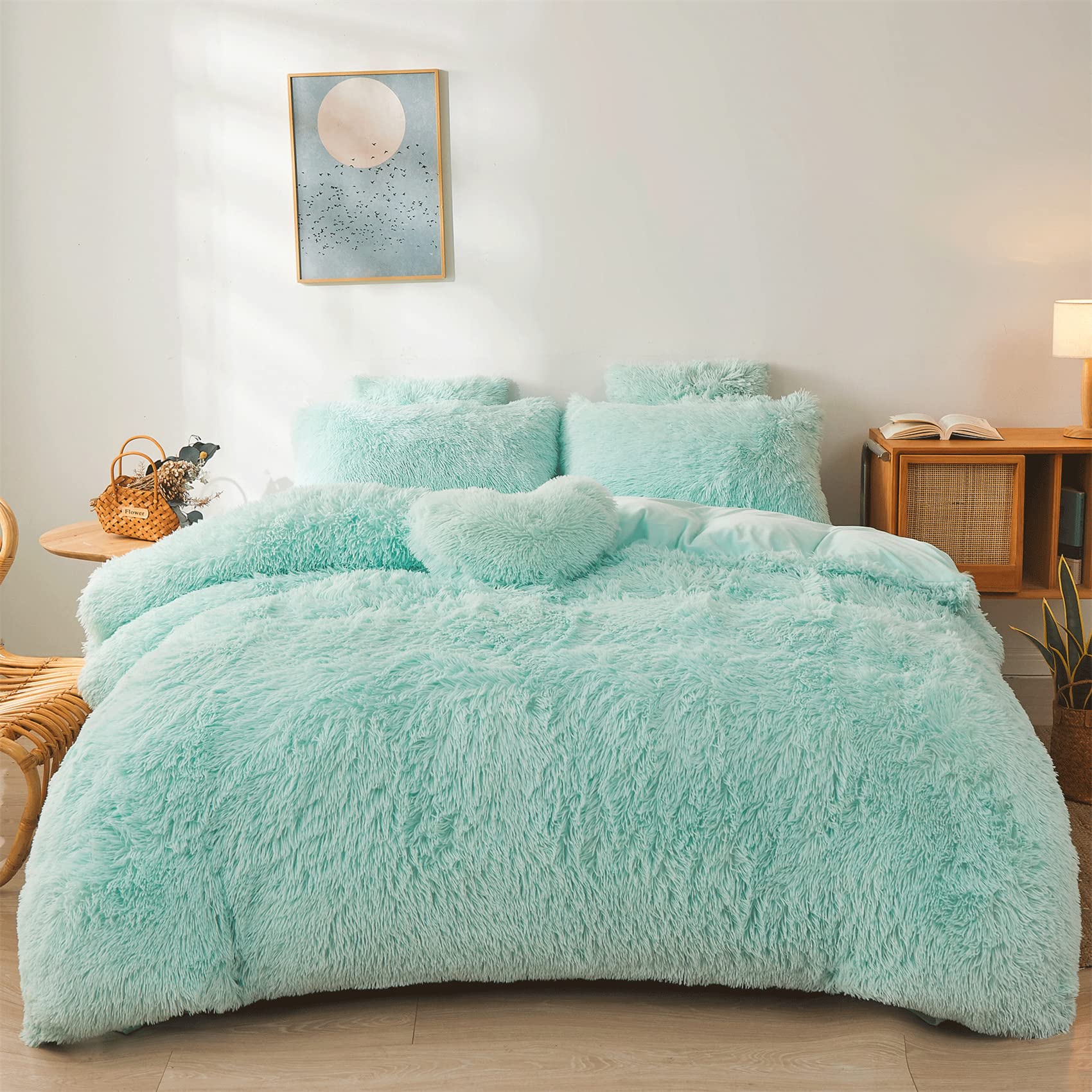 Foppa Green Comforter Cover Set - Ultra Soft Plush Bedding Sets 3 Pieces (1 Faux Fur Duvet Cover + 2 Faux Fur Pillow Case) Green