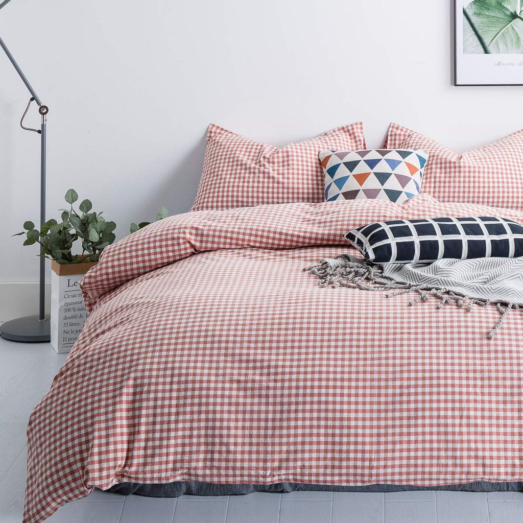 Susybao Orange Grid Duvet Cover King 100% Washed Cotton Coral Gingham Duvet Cover Set 3 Pieces 1 Holiday Plaid Duvet Cover With