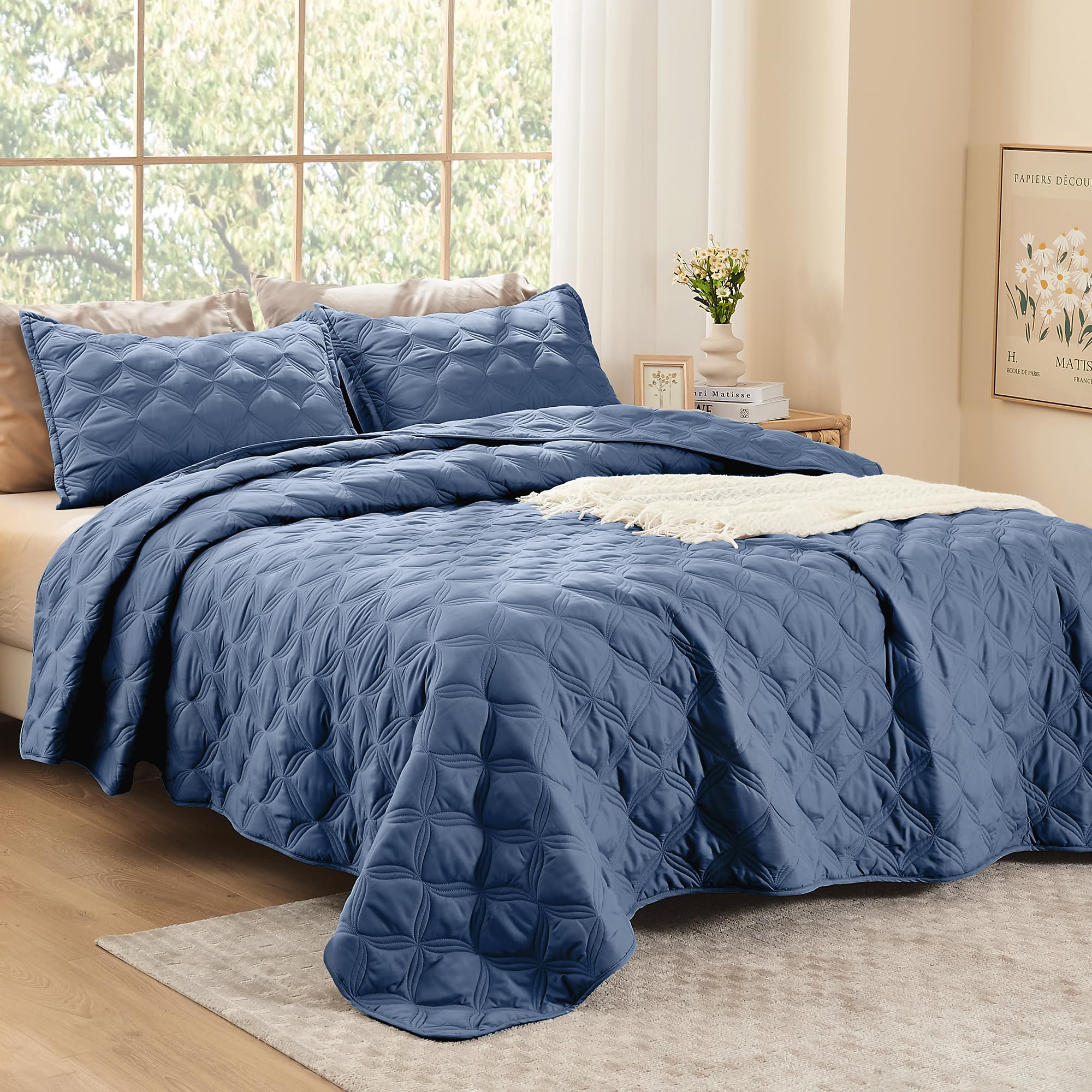 Litanika Queen Quilt Bedding Set, Ocean Blue Summer Lightweight Soft Comforter Bedspreads & Coverlets, Boho Farmhouse Bedding Co