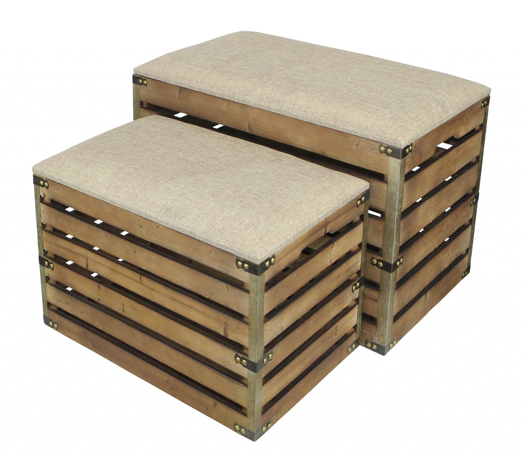 HomeRoots Gray Set of 2 Rectangular Brown Linen Fabric and Wood Slats Storage Benches