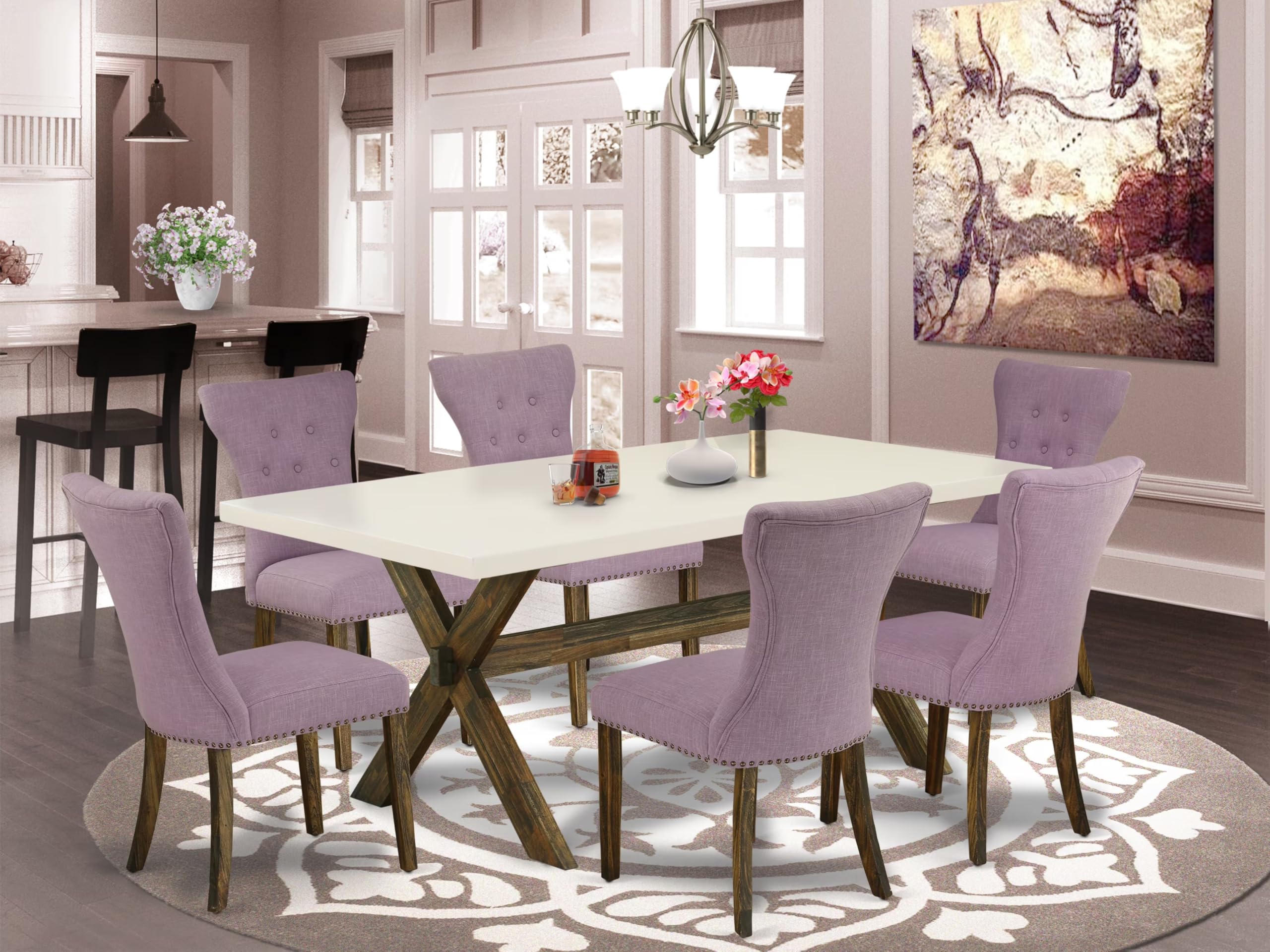 East West Furniture X727Ga740-7 7 Piece Kitchen Table Set Consist Of A Rectangle Dining Table With X-Legs And 6 Dahlia Linen Fabric Parson Dining Room Chairs, 40X72 Inch, Multi-Color