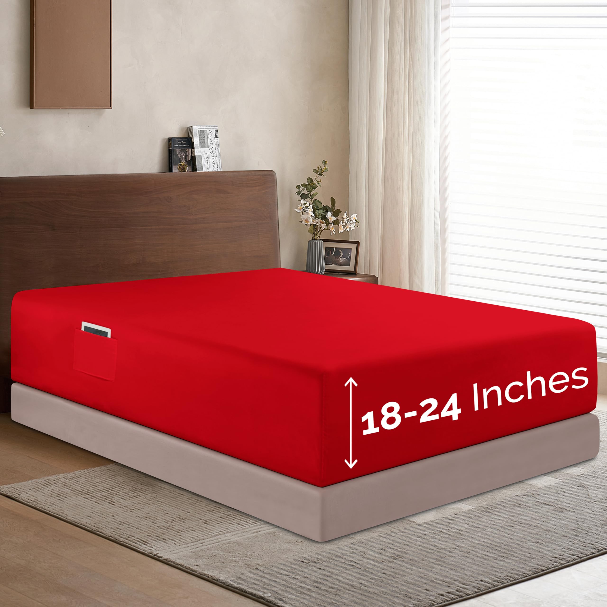 Elegant Comfort 1500 Premium Hotel Quality 18-24 Inches Deep - Extra Deep Pocket Single Fitted Sheet For High Mattress, Luxury And Softest, Smart Pocket - Wrinkle Free, King, Red