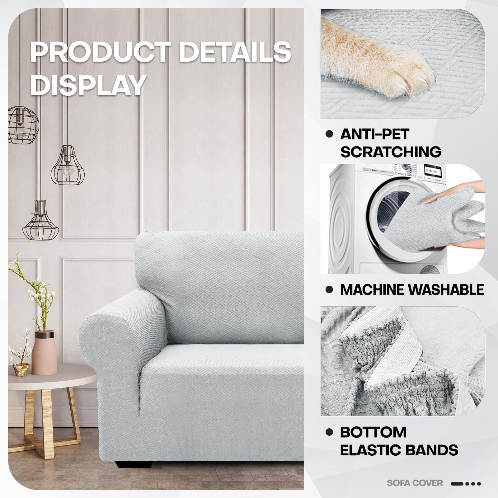 Znsayotx 1 Piece Jacquard Couch Covers For 3 Cushion Couch Living Room High Stretch Sofa Cover Pets Dogs Friendly Anti Slip Thickened Slipcovers Furniture Protector (Large, New Pattern Silver Grey)