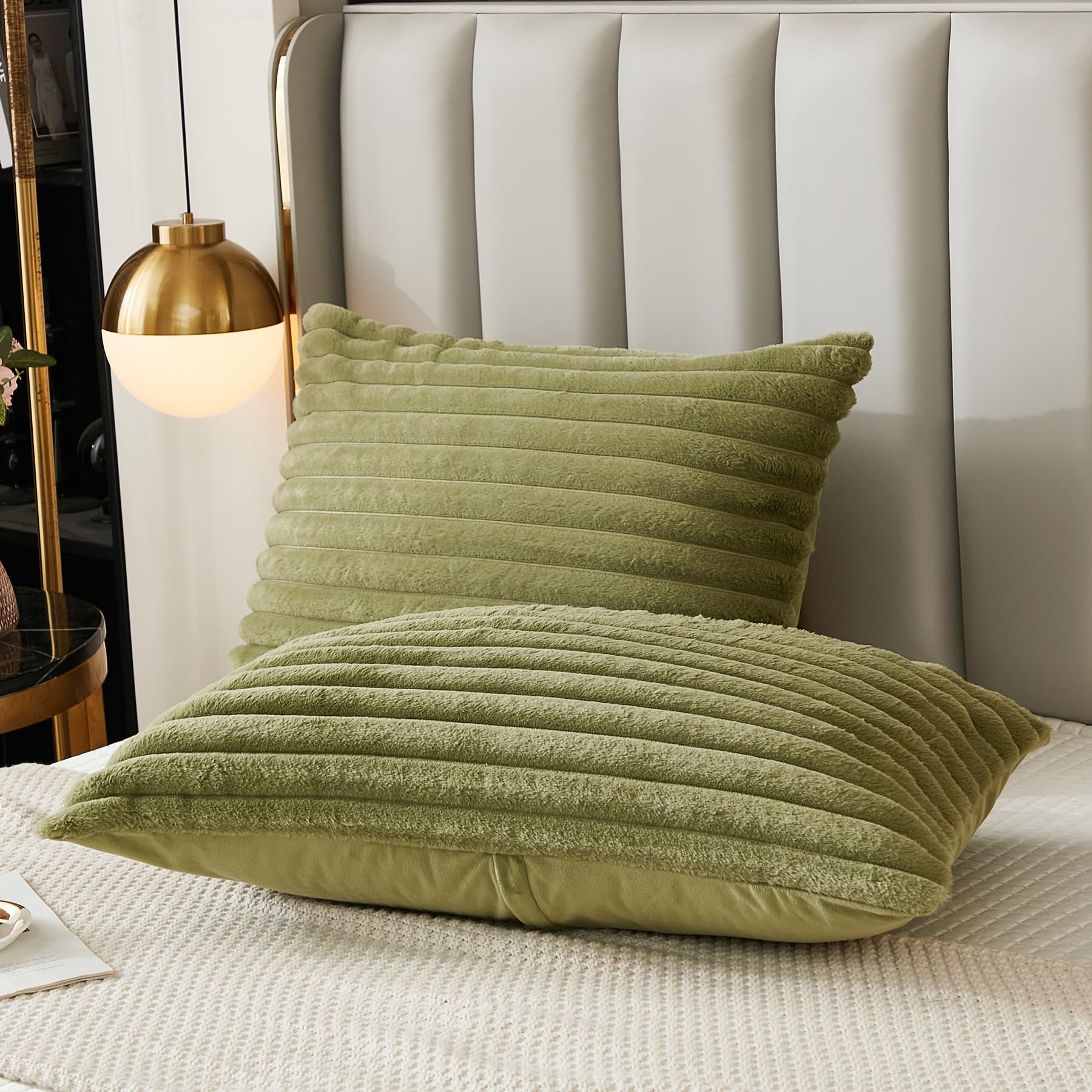 Uhamho Bed Pillowcase Standard Set Of 2 Striped Faux Rabbit Fur And Velvet Back Rectangle Lumbar Pillow Covers Shams Modern Home