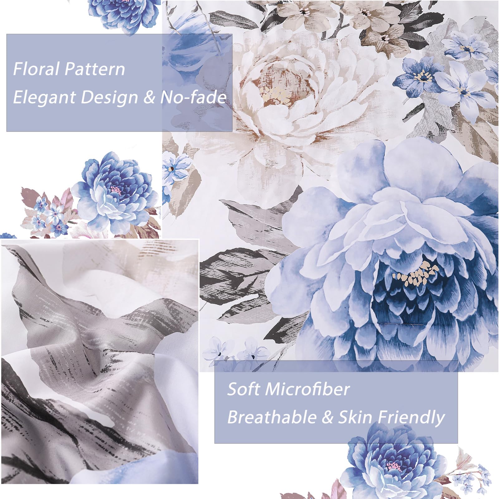 Dintszyayue Blue Comforter Set 7 Pieces Floral Bed In A Bag Queen, Elegant Flower Print Bed Comforter Set, Lightweight Bedding S