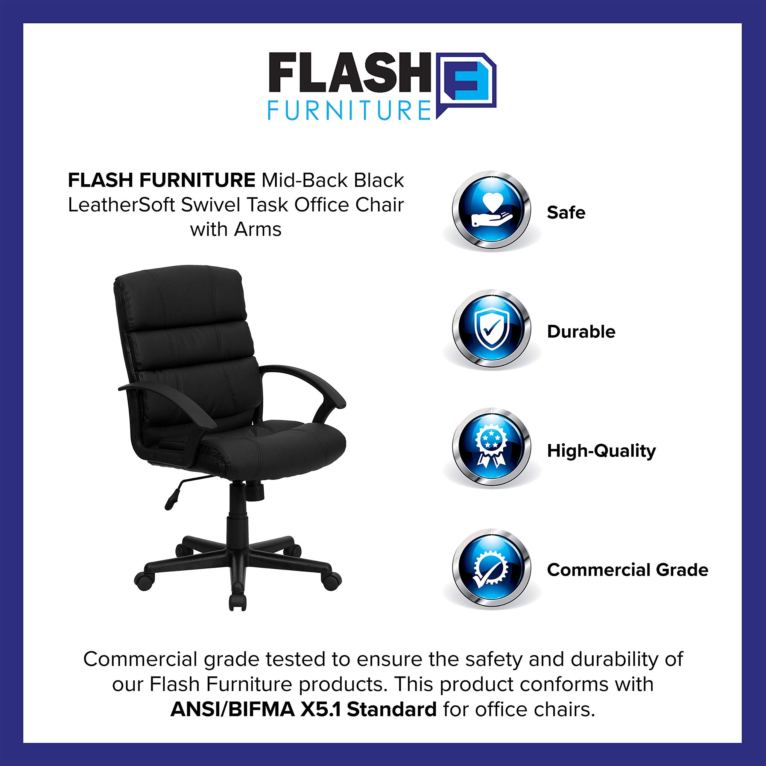 Flash Furniture Lane Mid-Back Black LeatherSoft Swivel Task Office Chair with Arms
