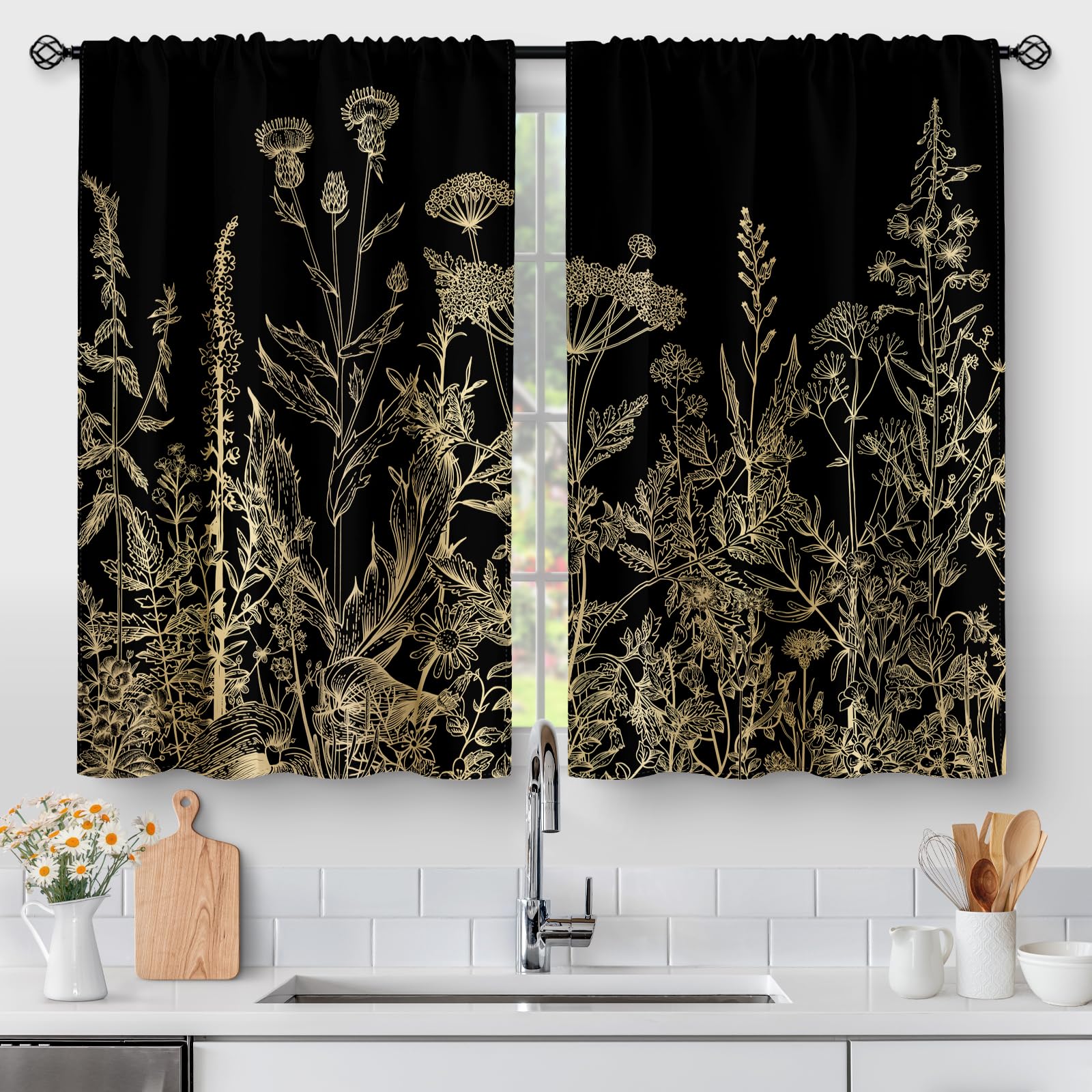 Aimego Flower Leaves Kitchen Curtains - Golden Floral Spring Rustic Plant Botanical Cafe Farmhouse Small Short Curtains For Bath