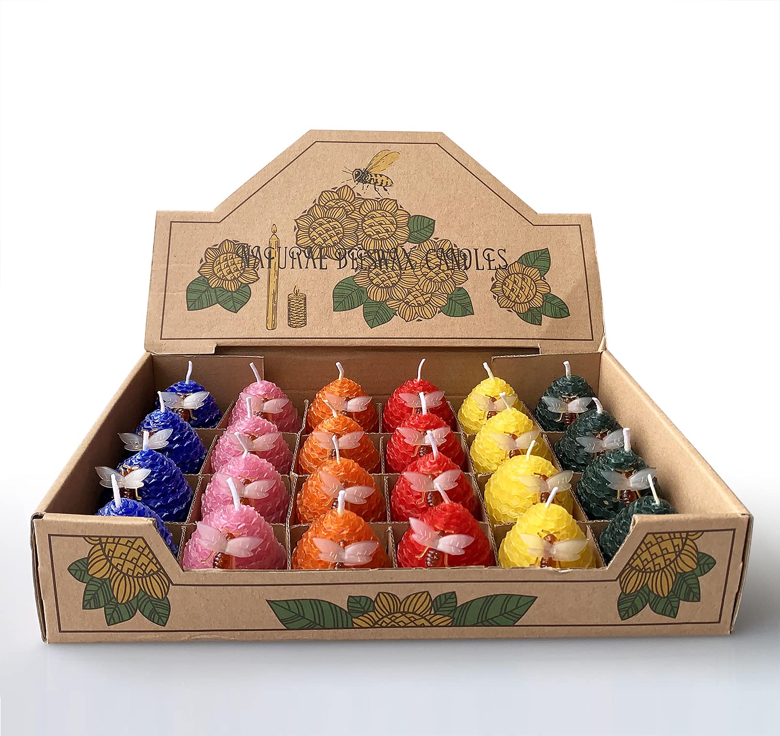 Lacaser Beeswax Candles Bulk Set of 24, Bee Themed Votive Candles, Dripless & Smokeless & Unscented, Dia 1.77 x1.97 Each, 6 Asso