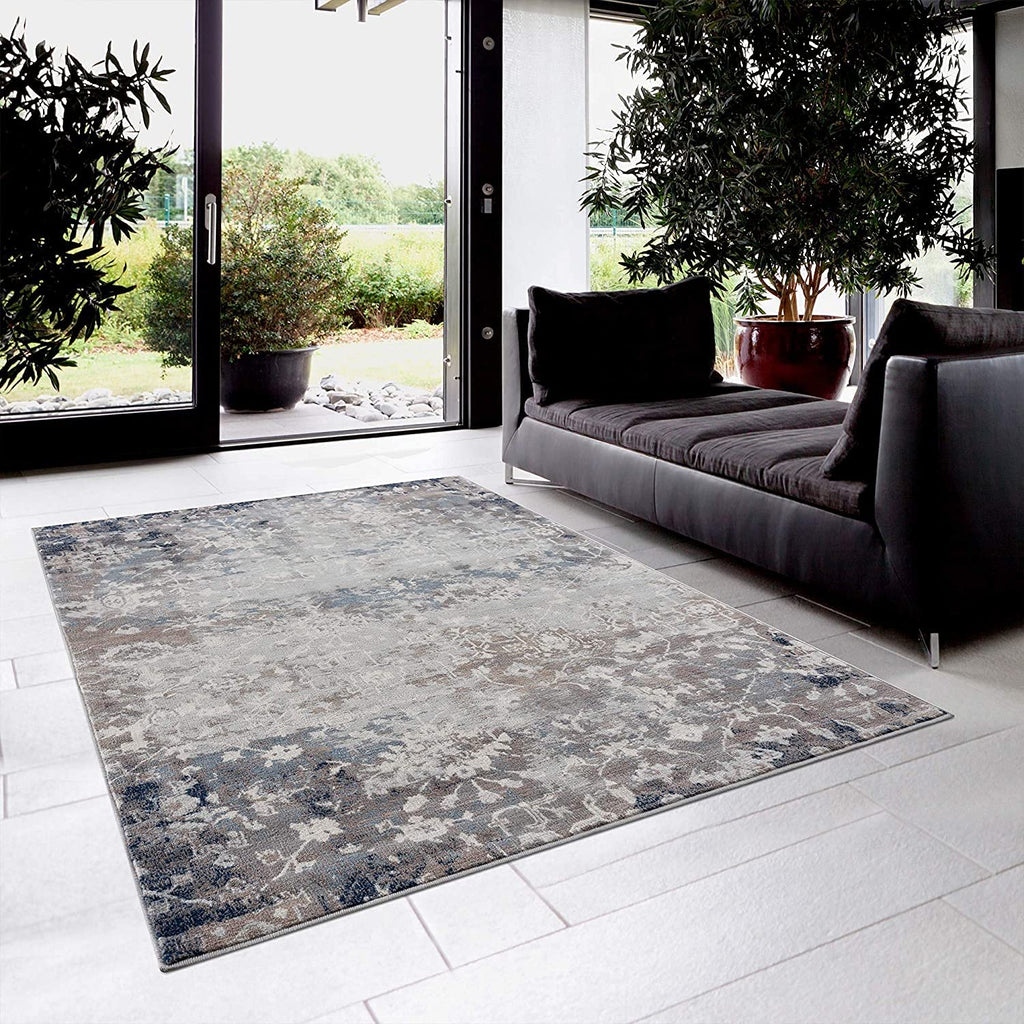 HomeRoots 100% Polypropylene 2’ x 8’ Navy and Beige Distressed Vines Runner Rug