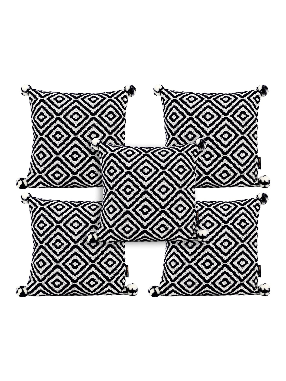 Mezposh Navy Blue & Off White Diamond Embroidered Cotton Acrylic Cushion Covers (16X16) Set Of 5