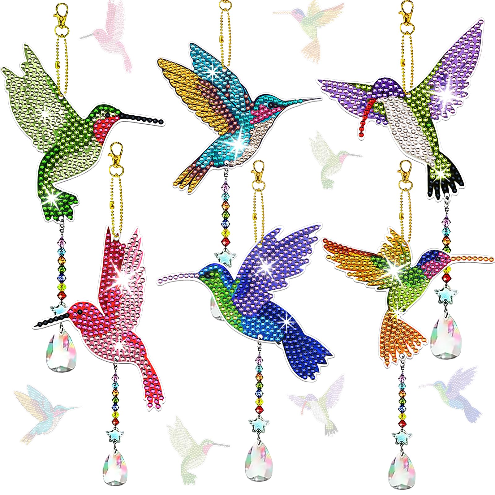 Jecuik 6 Pcs Diamond Painting Wind Chimes Rhinestone Hummingbird Diamond Art Suncatcher Double Sided 5D Diy Diamond Painting Kit