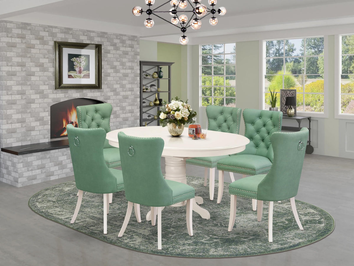 East West Furniture Avda7-Lwh-22 7 Piece Dining Table Set Includes An Oval Kitchen Table With Butterfly Leaf And 6 Chairs, Linen White