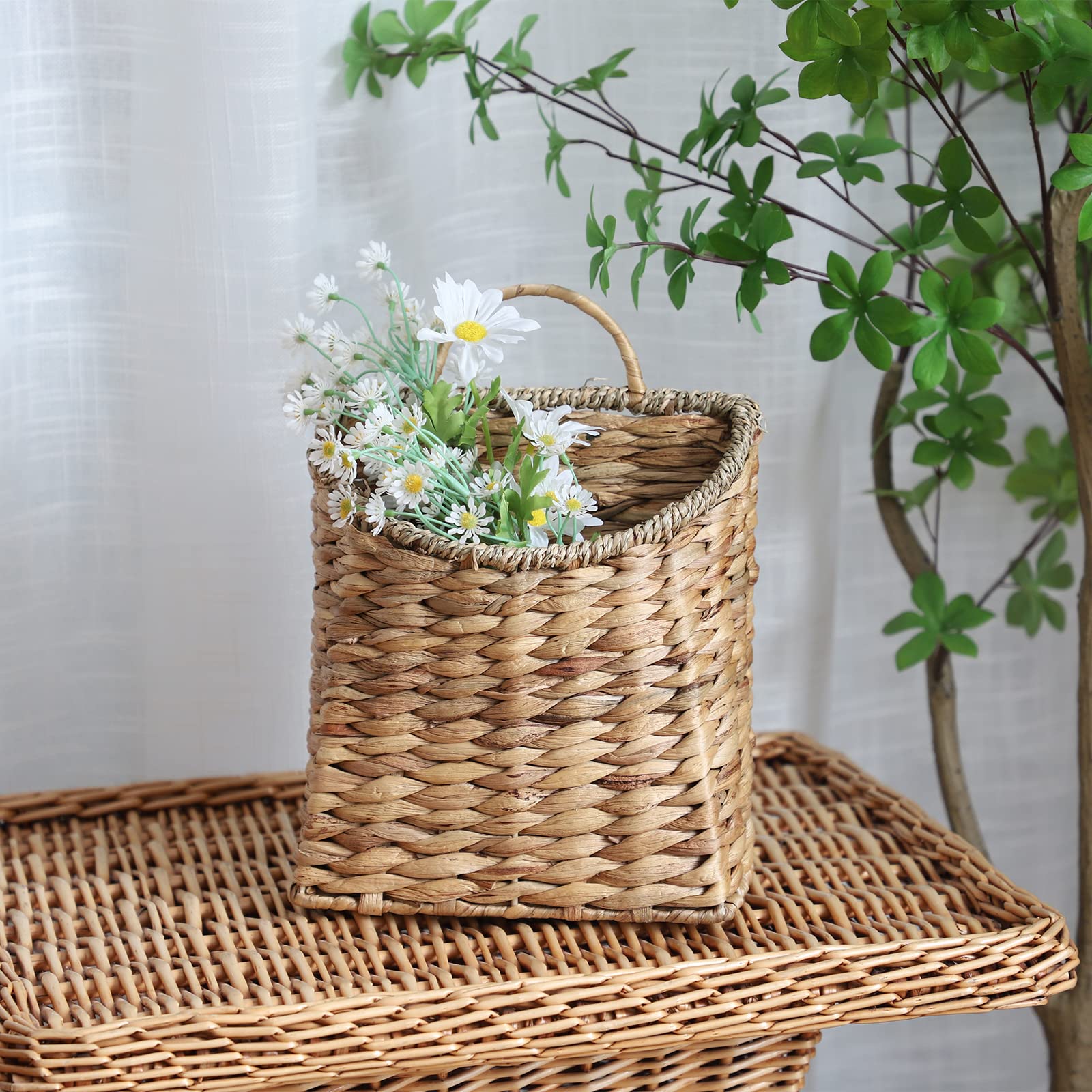 Gyasvwu Woven Hanging Basket Water Hyacinth Hanging Wall Basket Wicker Handmade Baskets For Garden Farmhouse Home (Seagrass Mout