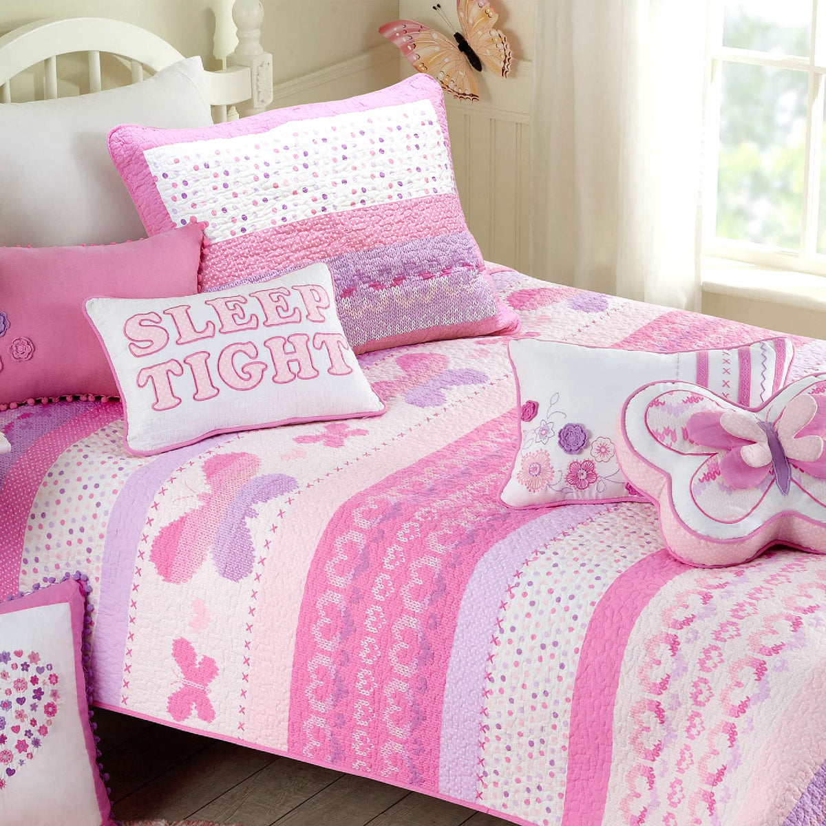 Cozy Line Home Fashions Cute Pink Butterfly Stripe Hearts 100% Cotton Soft Bedding Quilt Set, Coverlet, Bedspread (Queen - 3 Pie