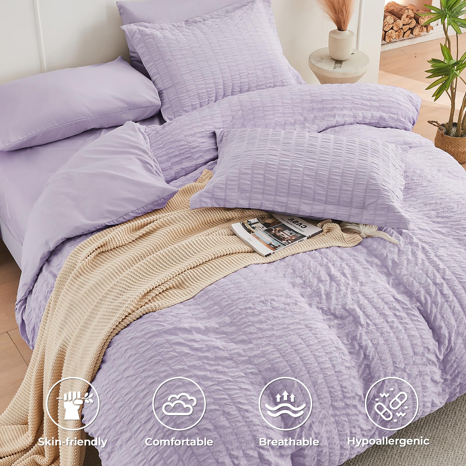 Hymokege Lavender King Size Comforter Set Seersucker 7 Pieces, All Season Luxury Bed In A Bag For Bedroom, Bedding Set With Comf