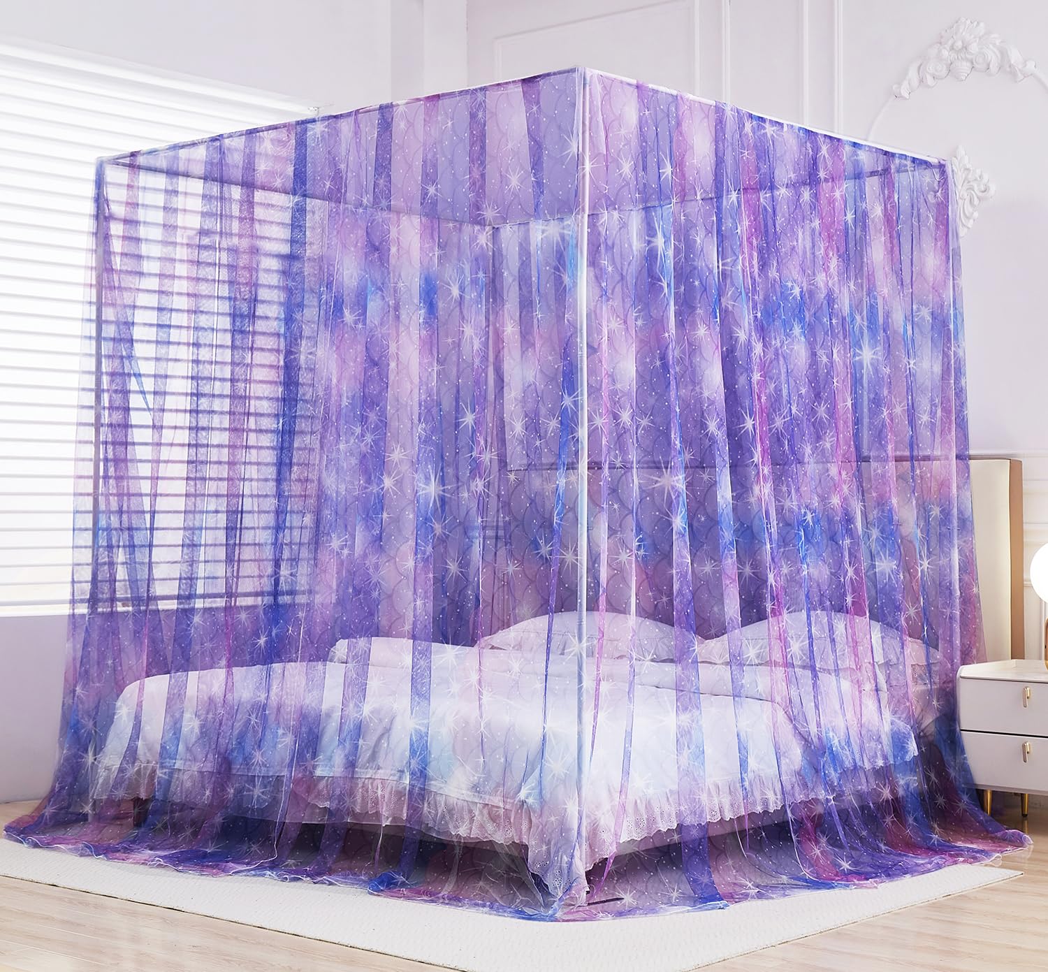 Mengersi Tie Dye Canopy Bed Curtains With Lights,Gradient Ombre Bed Canopy For Girls,Canopy For Bed Princess Bed Drapes For Girl