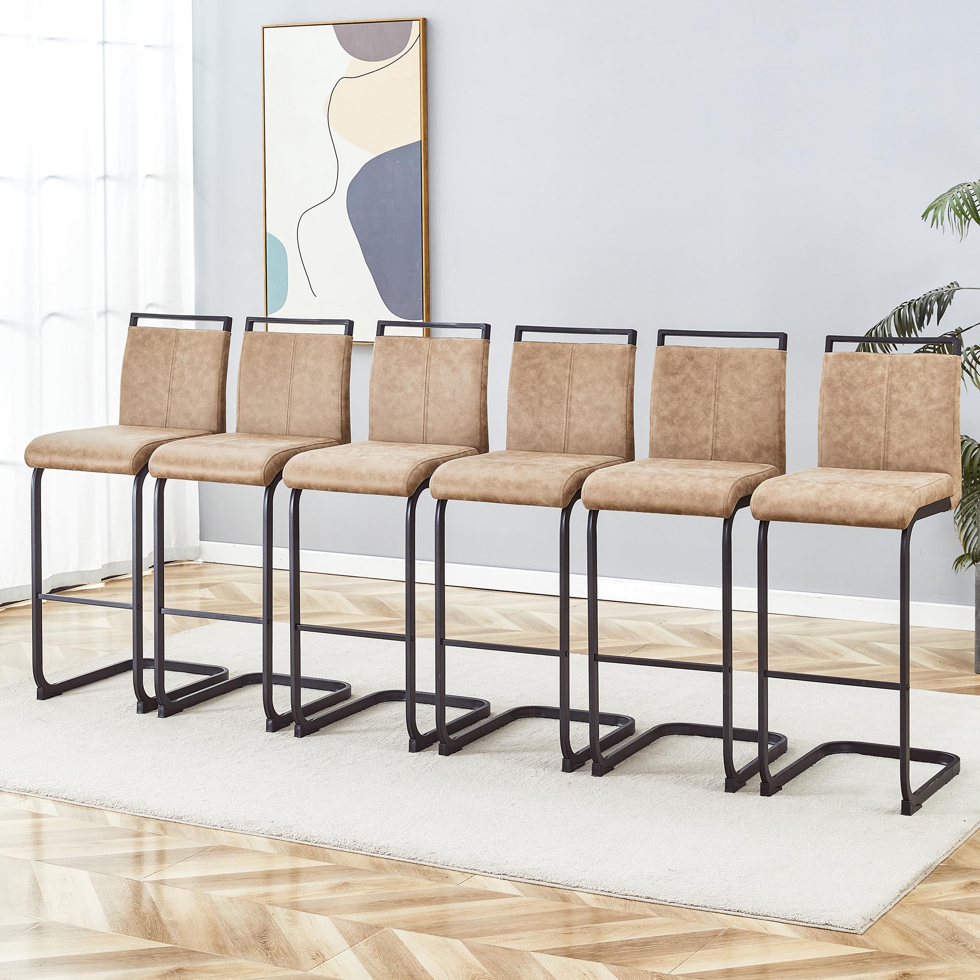 LUFTUT Bar Stools Set of 6, 30  H Counter Height Bar Stools with Footrest, Brown Faux Leather, Black Painted Metal Leg