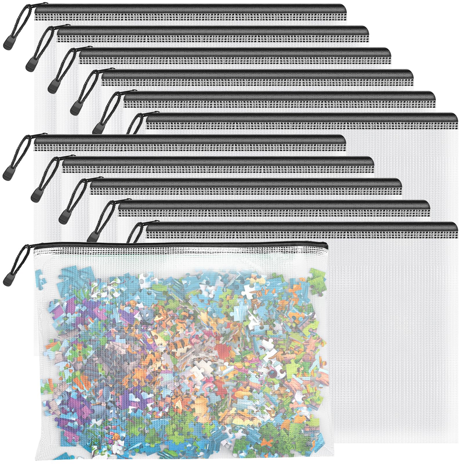 Umriox Mesh Zipper Pouch Puzzle Bags, 13.0X9.0 In (Black, 12 Packs), Letter Size A4 Size Zipper Bags For Office Supplies Travel