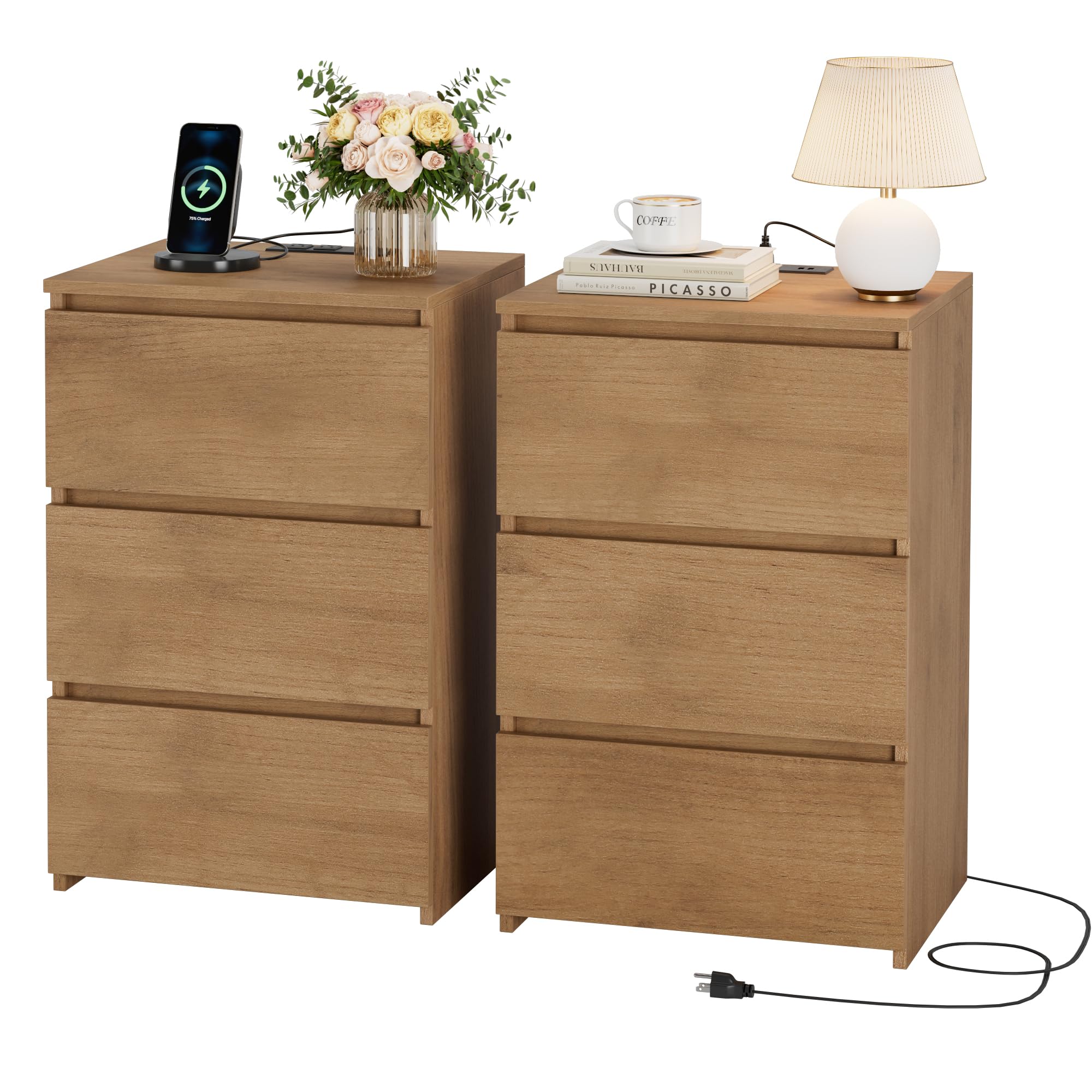 FOTOSOK Wood Nightstand Set of 2, 26  H Night Stand with Charging Station, Nightstand Set 2 with USB Ports & Power Outlets, Sile