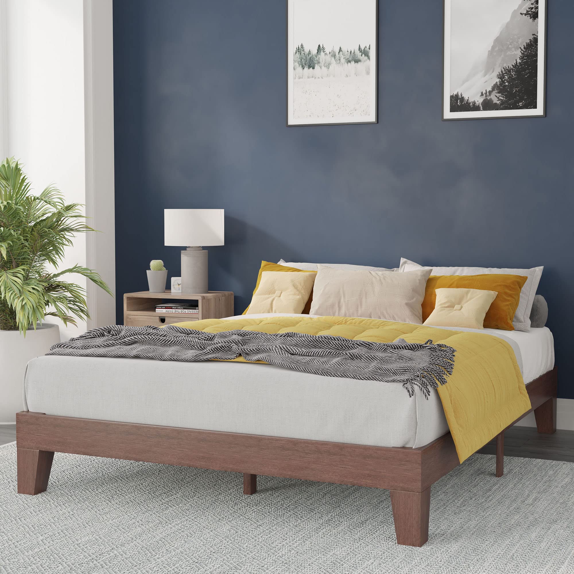 Flash Furniture Evelyn Wooden Platform Bed - Walnut Finish - Queen - Wooden Slat Support - No Box Spring Required - Easy Assembly