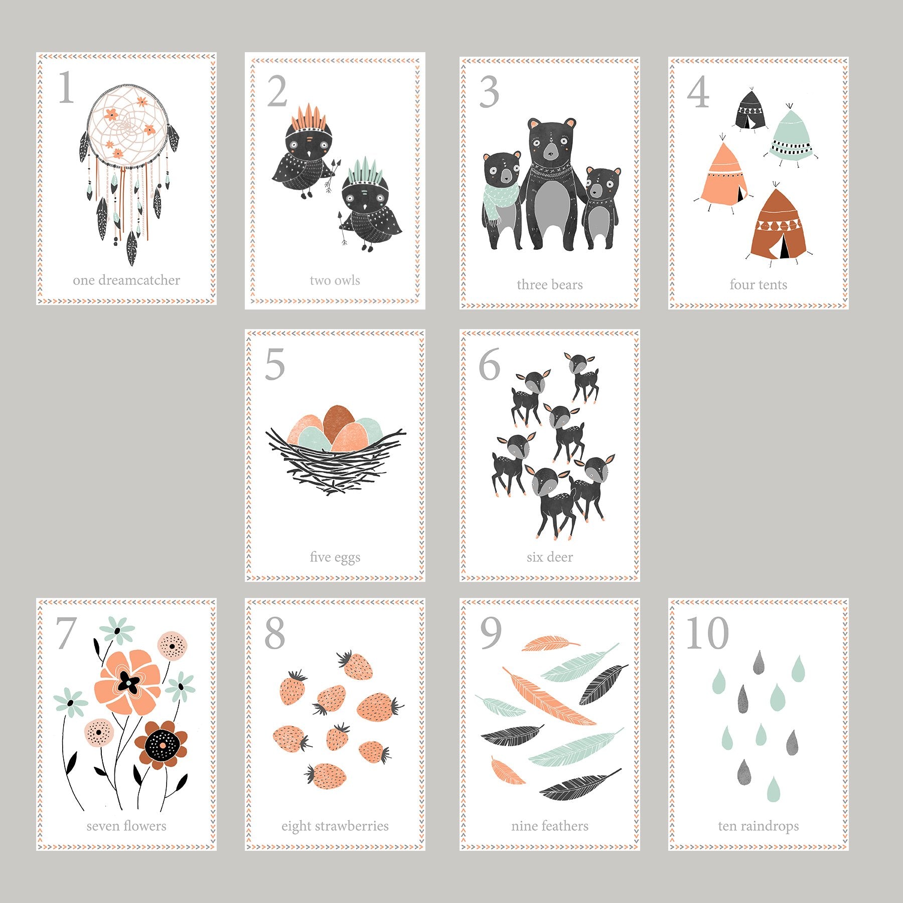 Boho Woodland Number Counting Wall Cards, Set of Ten 5x7 Wall Art Prints, English, Forest Nursery Wall Art Decor, Kids Art Deco